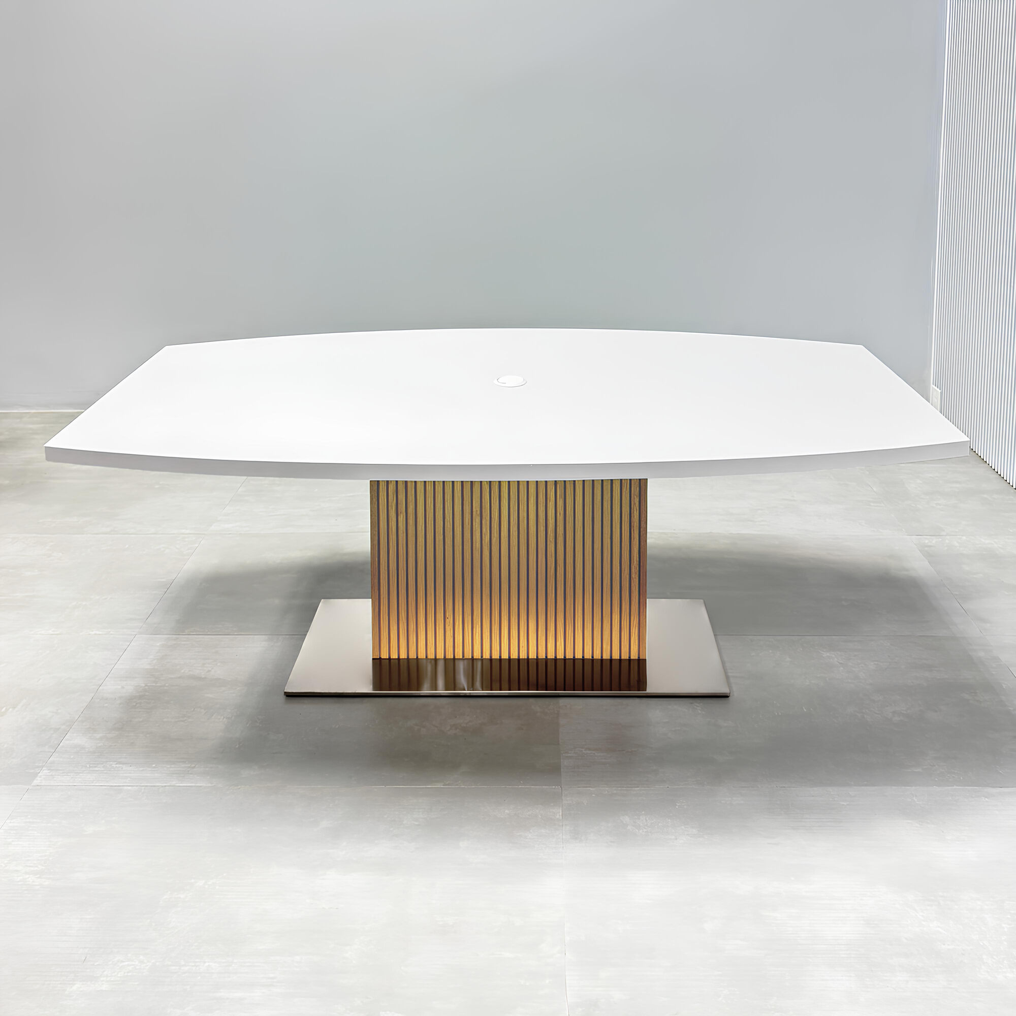84-inches Newton Boat Conference Table with white matte laminate top, white oak tambour column base, brushed stainless steel base, and white Mx1 power box.