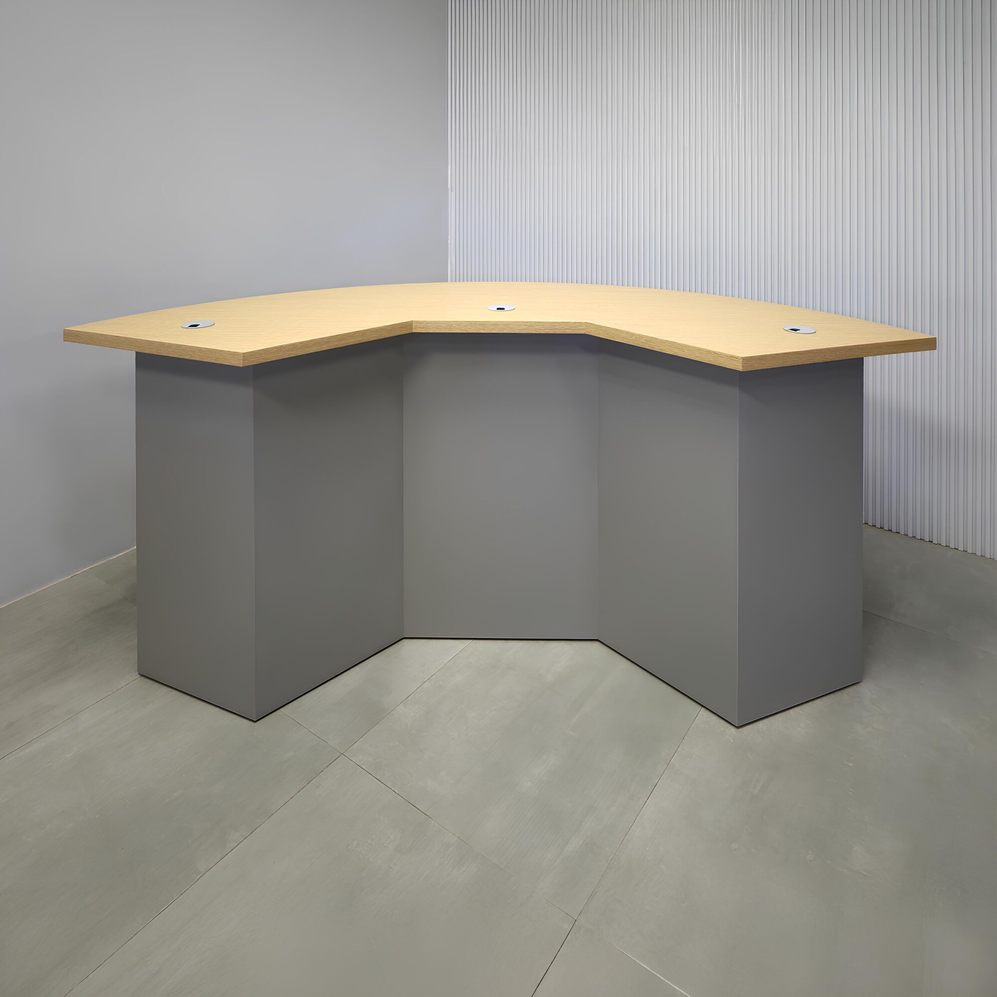 84-inch Tampa Bay Podcast Table with White Oak Wood Veneer top, Fog Gray Matte Laminate front base, and Fog Gray Matte Laminate back base.