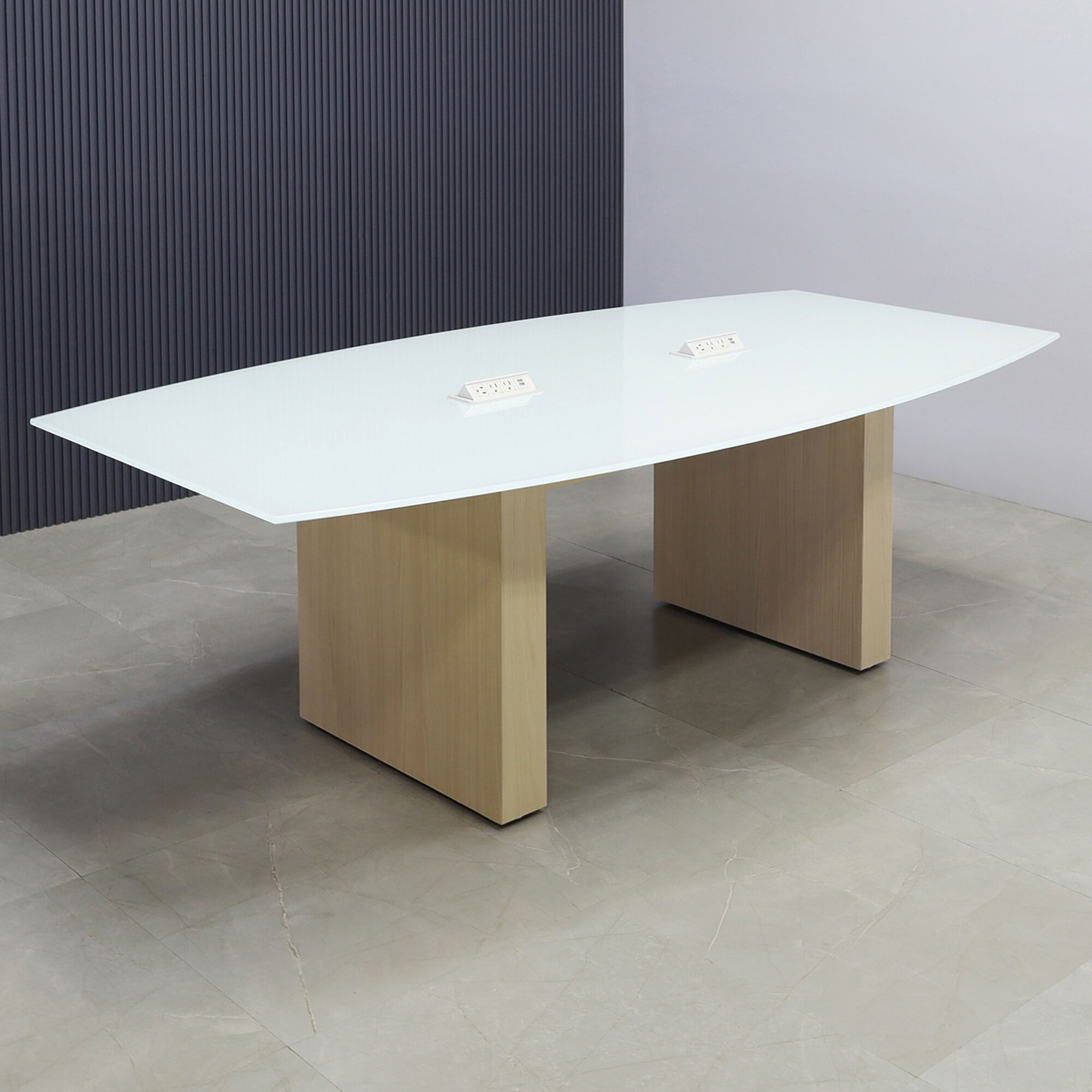 84-inch Omaha Boat Shape Conference Table with white tempered glass, natural ash laminate base. and 2 nacre power box.