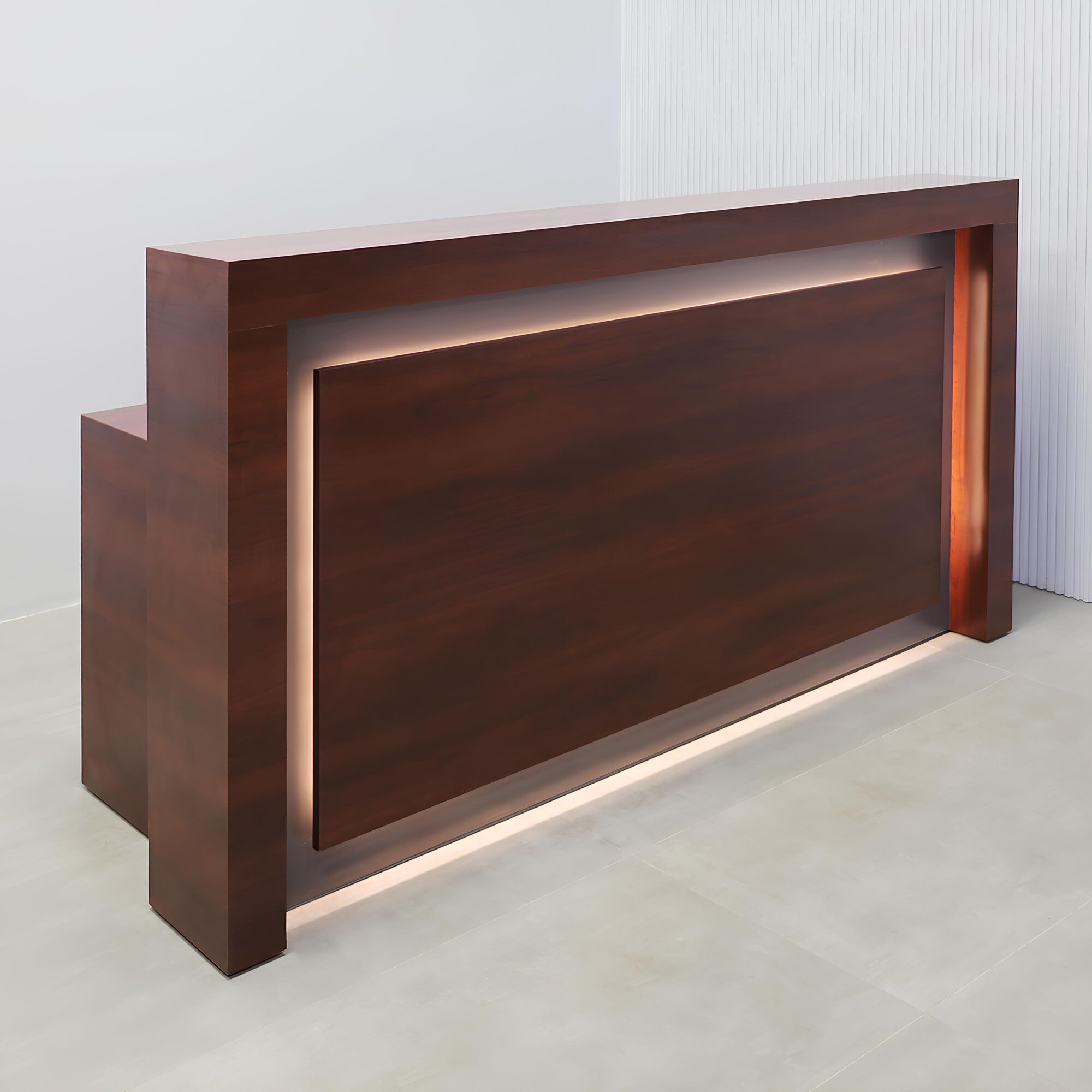84-inch New York Straight Reception Desk with williamsburg cherry main desk, storm gray matte laminate accent, and white LED.