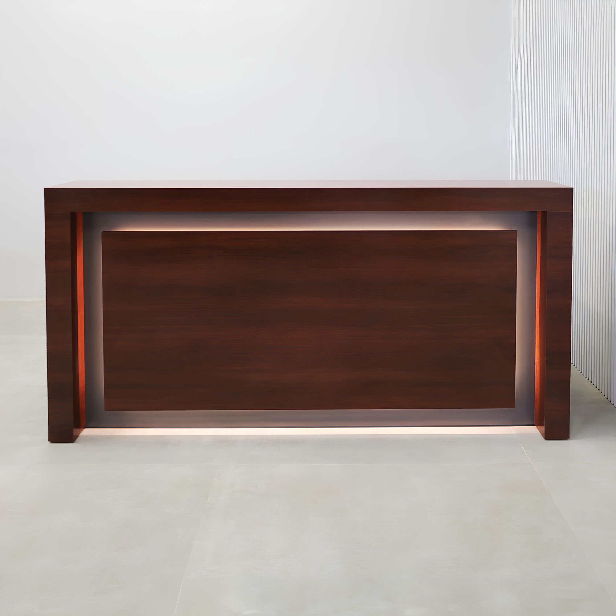 84-inch New York Straight Reception Desk with williamsburg cherry main desk, storm gray matte laminate accent, and white LED.