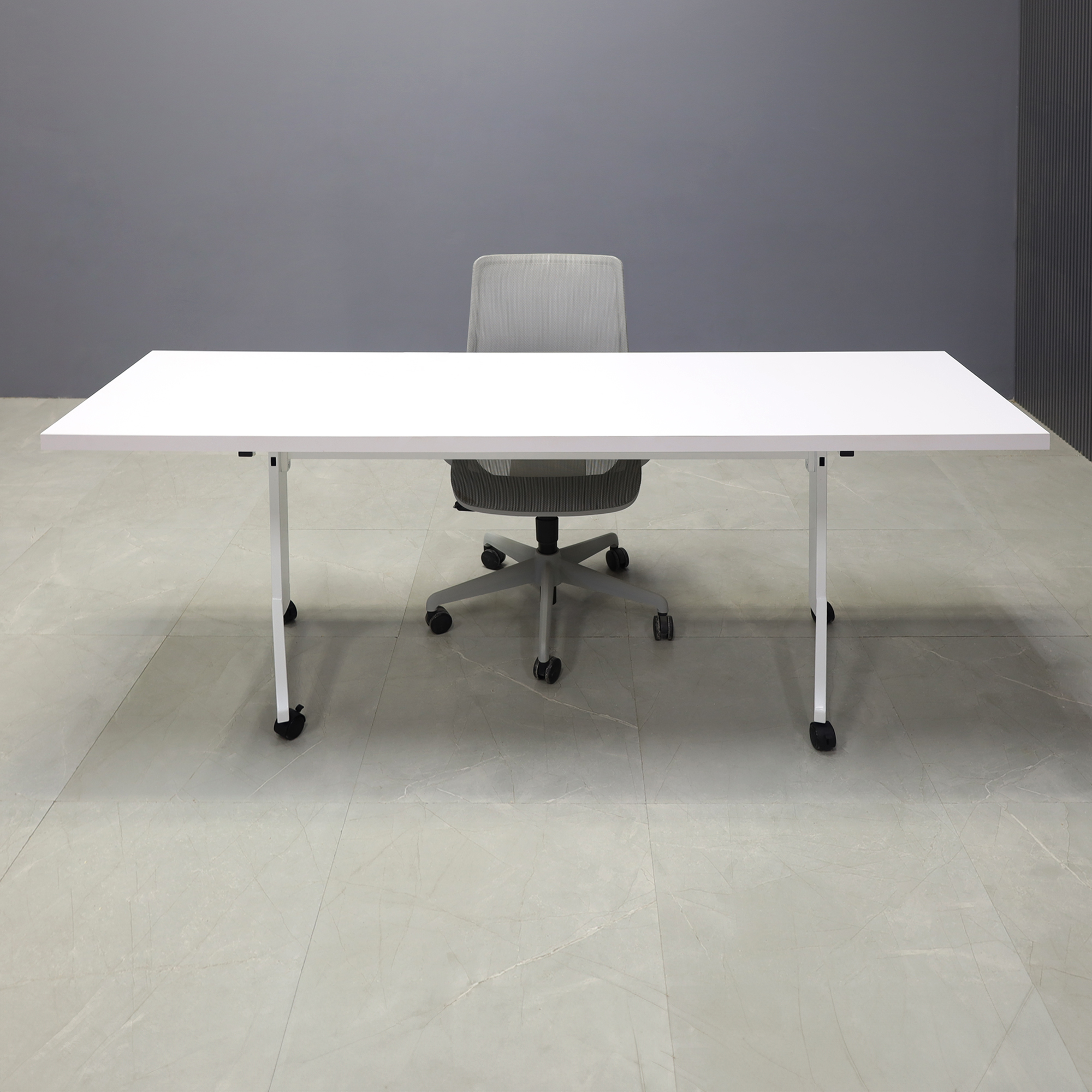 84-inch Westin Rectangular Training Table in white matte laminate top and white frame, shown here.