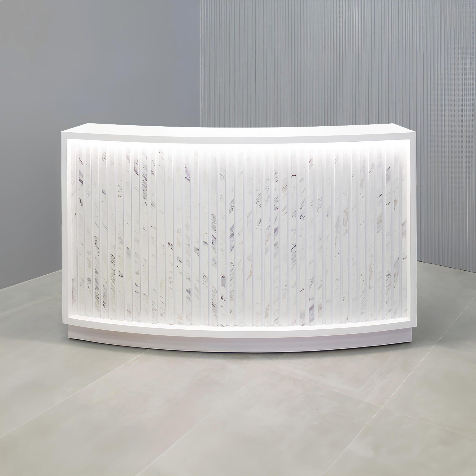 72-inch Seattle X2 Reception Desk in White matte laminate workspace and Engineered Surface Slats, Warm White LED.