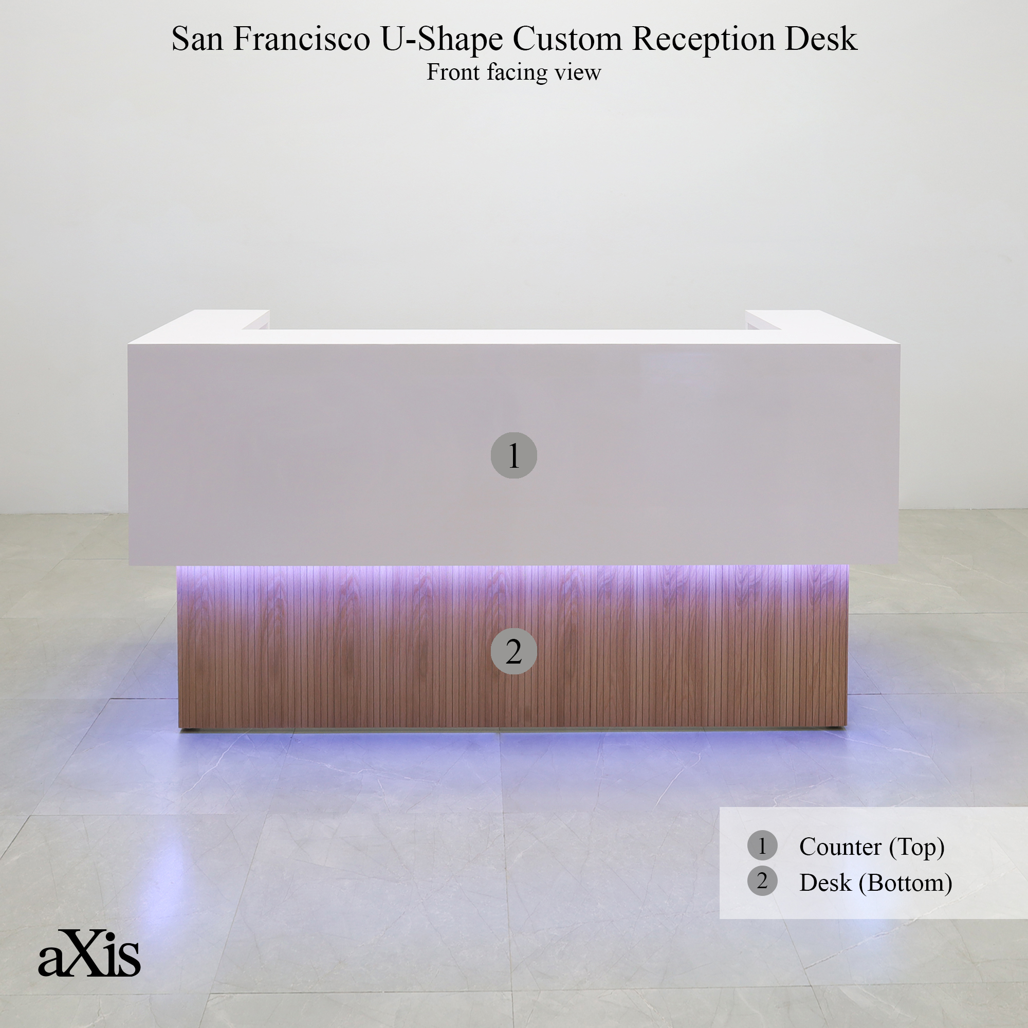 San Francisco U-Shape Custom Reception Desk in white matte laminate counter and white oak tambour desk, with white LED shown here.