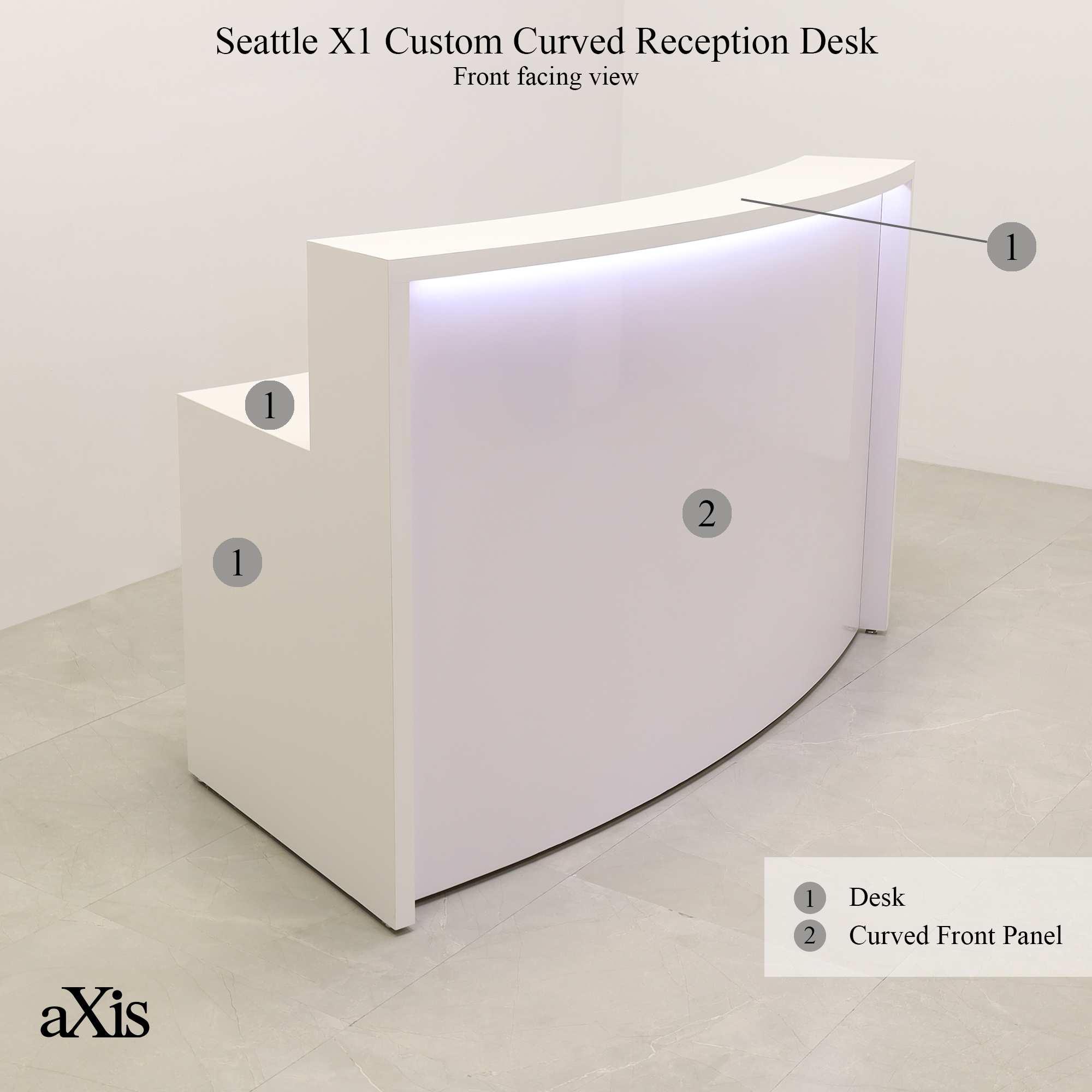 Seattle X1 Custom Reception Desk in white matte laminate desk and curved front panel, with white LED shown here.