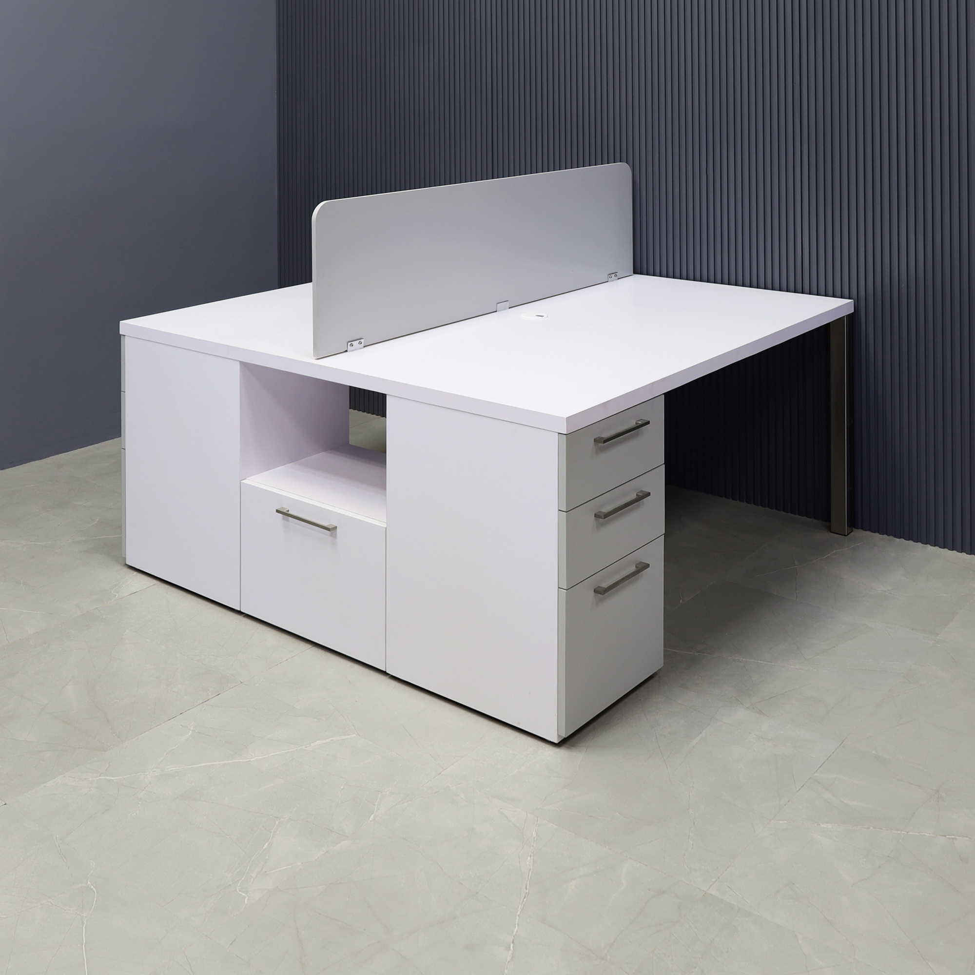 60X60 inches Dallas Workstation With Storage in white matte laminate top & storages, fog gray laminate divider & front drawers, with brushed stainless legs shown here.