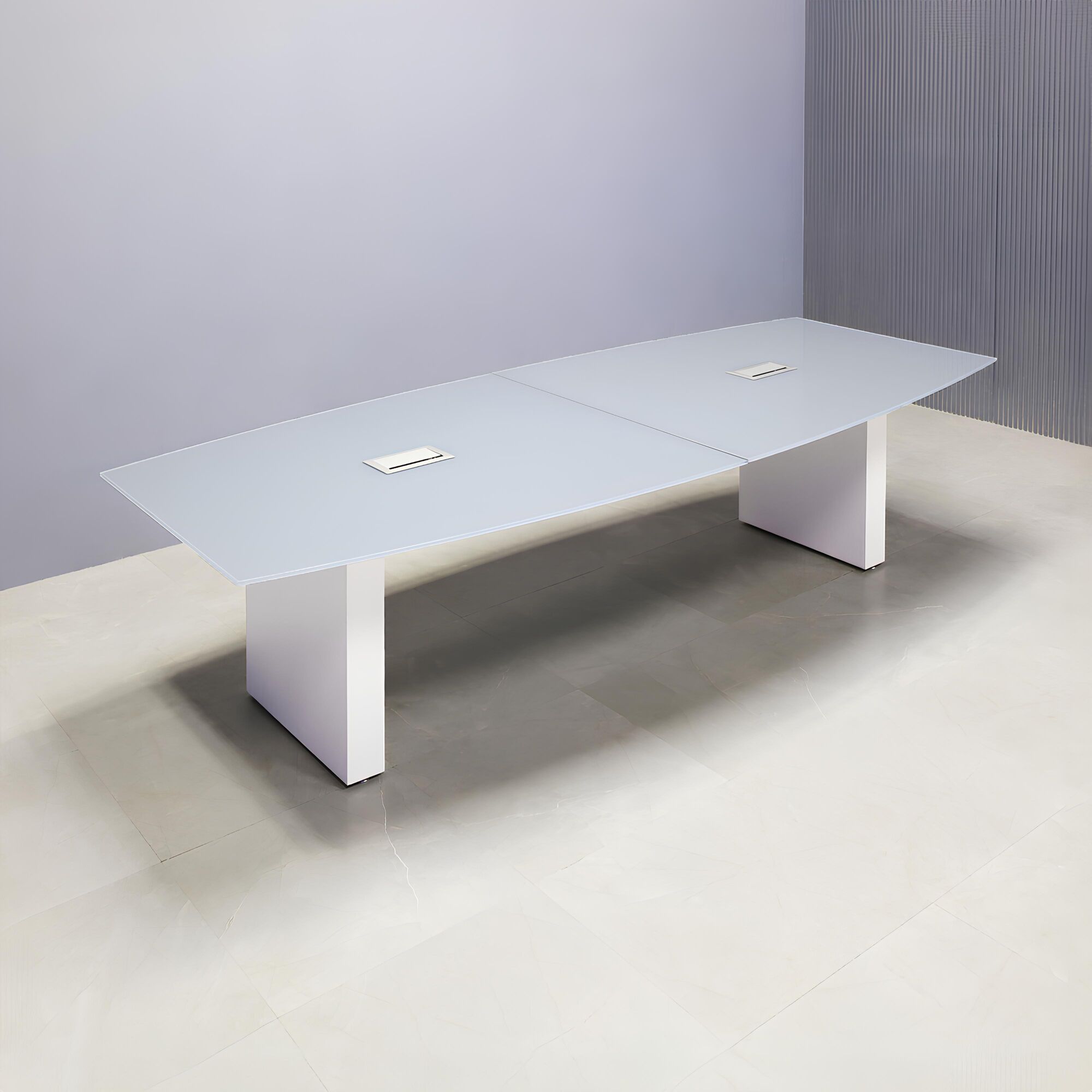 108-inch Omaha Boat Shape Conference Table in 1/2-inch medium gray tempered glass top, standard column base in white gloss laminate base, and two silver MX3 silver power boxes.