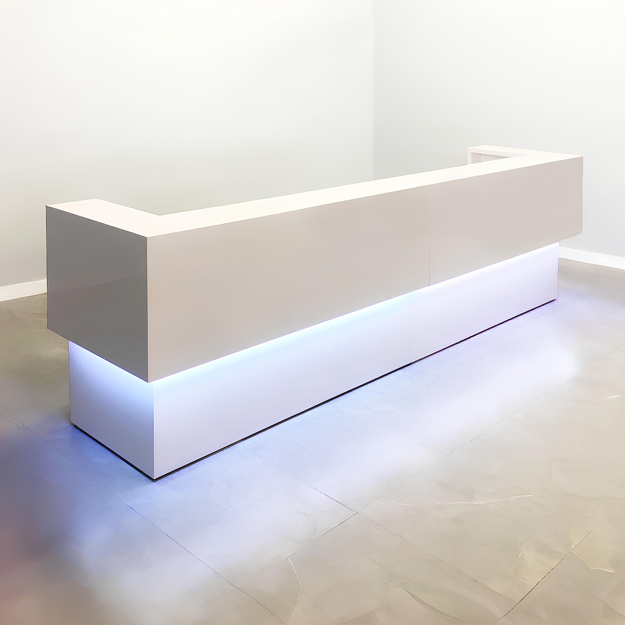 144-inch San Francisco Large U-Shape Custom Reception Desk in white gloss laminate counter & desk, and color changing LED.