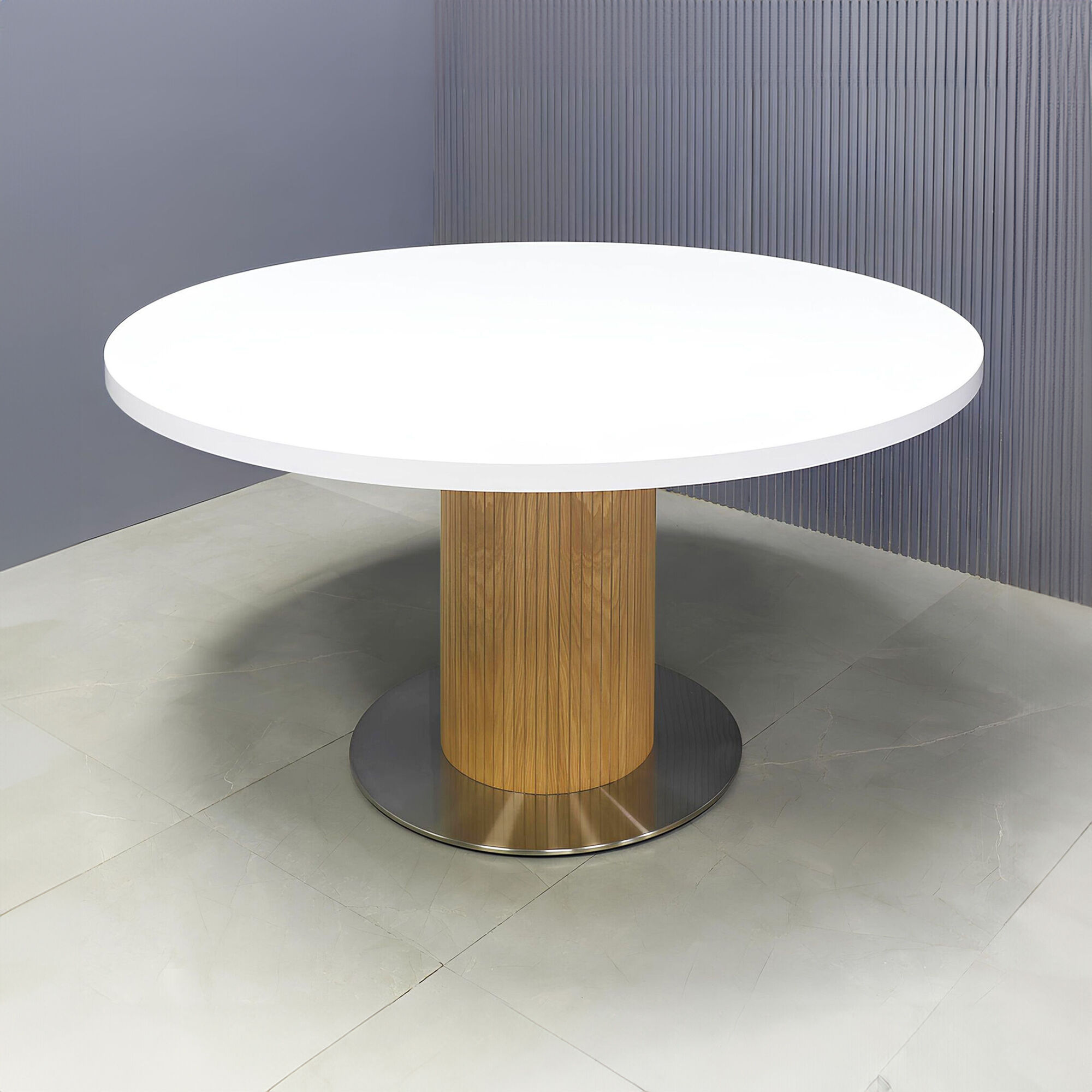 60-inch Newton Round Conference Table with X1 Base in white matte laminate, white oak tambour pedestal, and silver metal powder-coated base.
