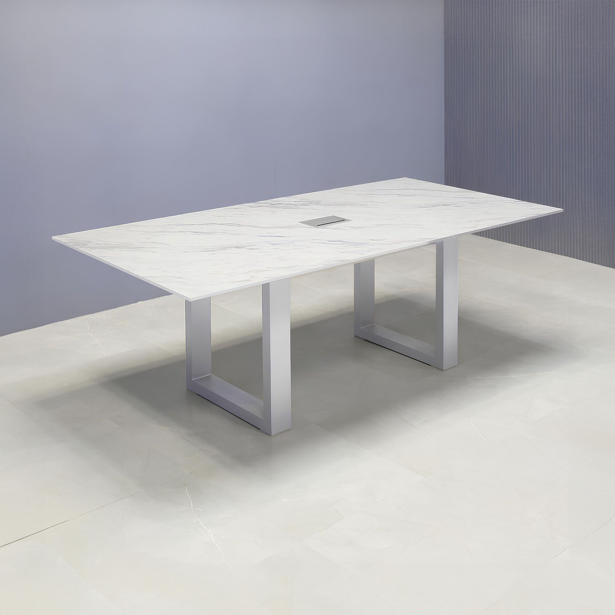 Aurora Rectangular Conference Table with solenne engineered surface top, silver power box, brushed aluminum U shape base.