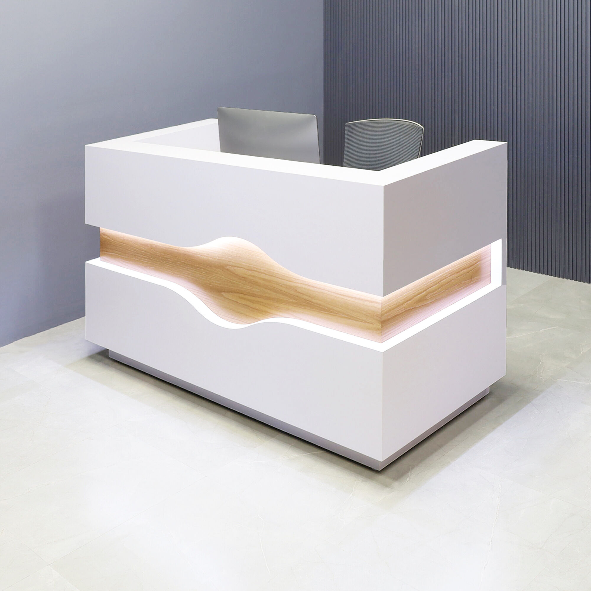 72-inch Wave Reception Desk in white matte laminate desk and counter, white oak veneer wave accent front, and brushed aluminum toe-kick, with warm white LED, shown here.