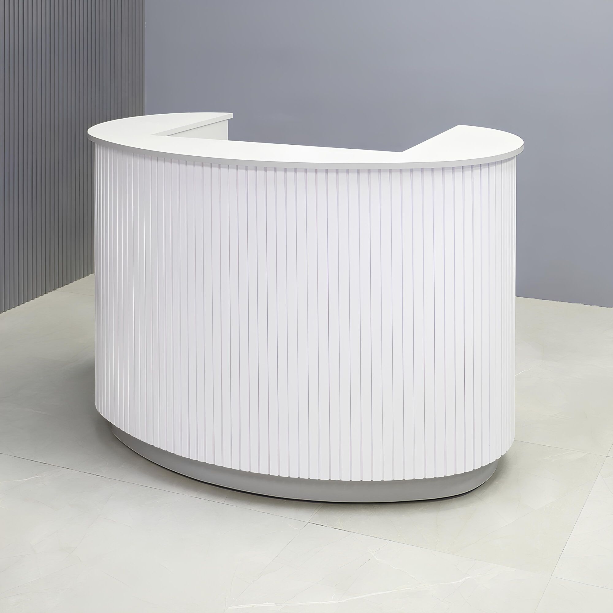 48-inch The Pill Podium & Host Custom Desk in folkstone gray matte laminate top counter, workspace & toe-kick, and white matte tambour main desk.