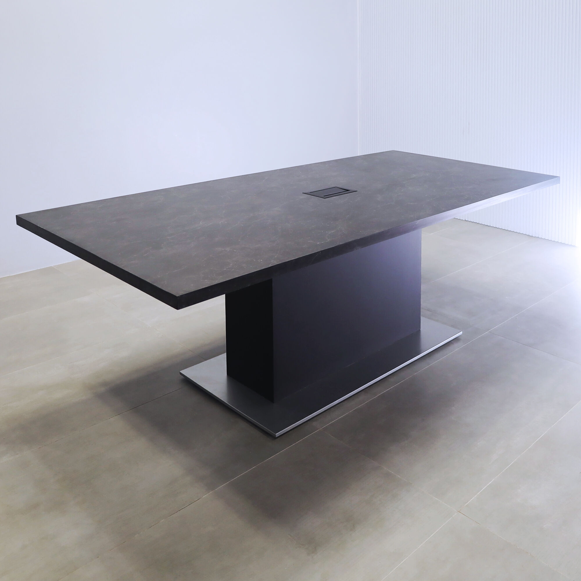 90-inch Aurora Rectangular Conference Table with black amani engineered surface top, black traceless laminate pedestal, metal powder coated silver base and black MX3 power box.