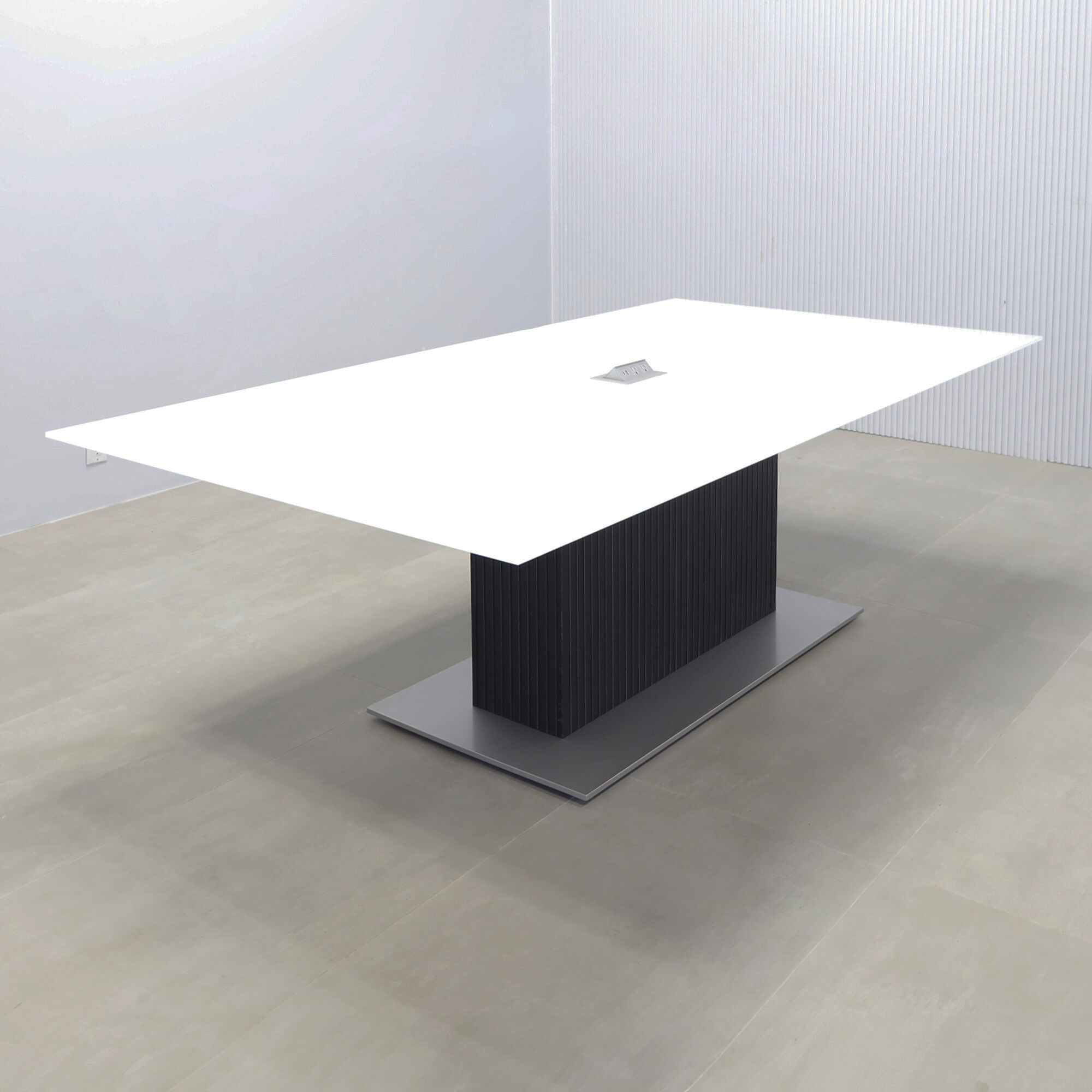 90-inch 1/2 Omaha Rectangular Conference Table with white tempered glass top, black traceless tambour pedestal, silver metal powder coated base, Mx2 in silver power box.