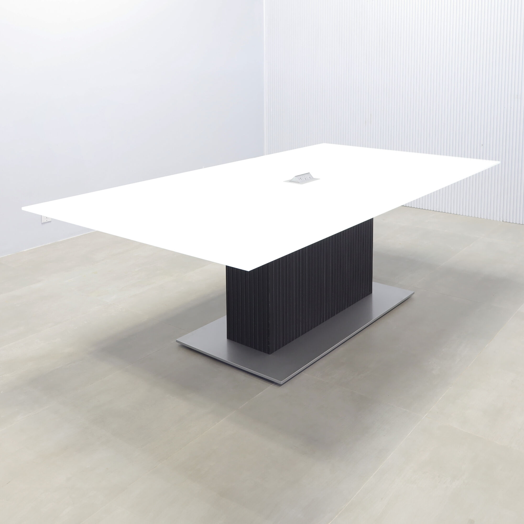 90-inch Omaha Rectangular Shape Conference Table, 1/2 white tempered glass top, black matte tambour pedestal, metal powder coated in silver base, and Mx2 in silver power box.