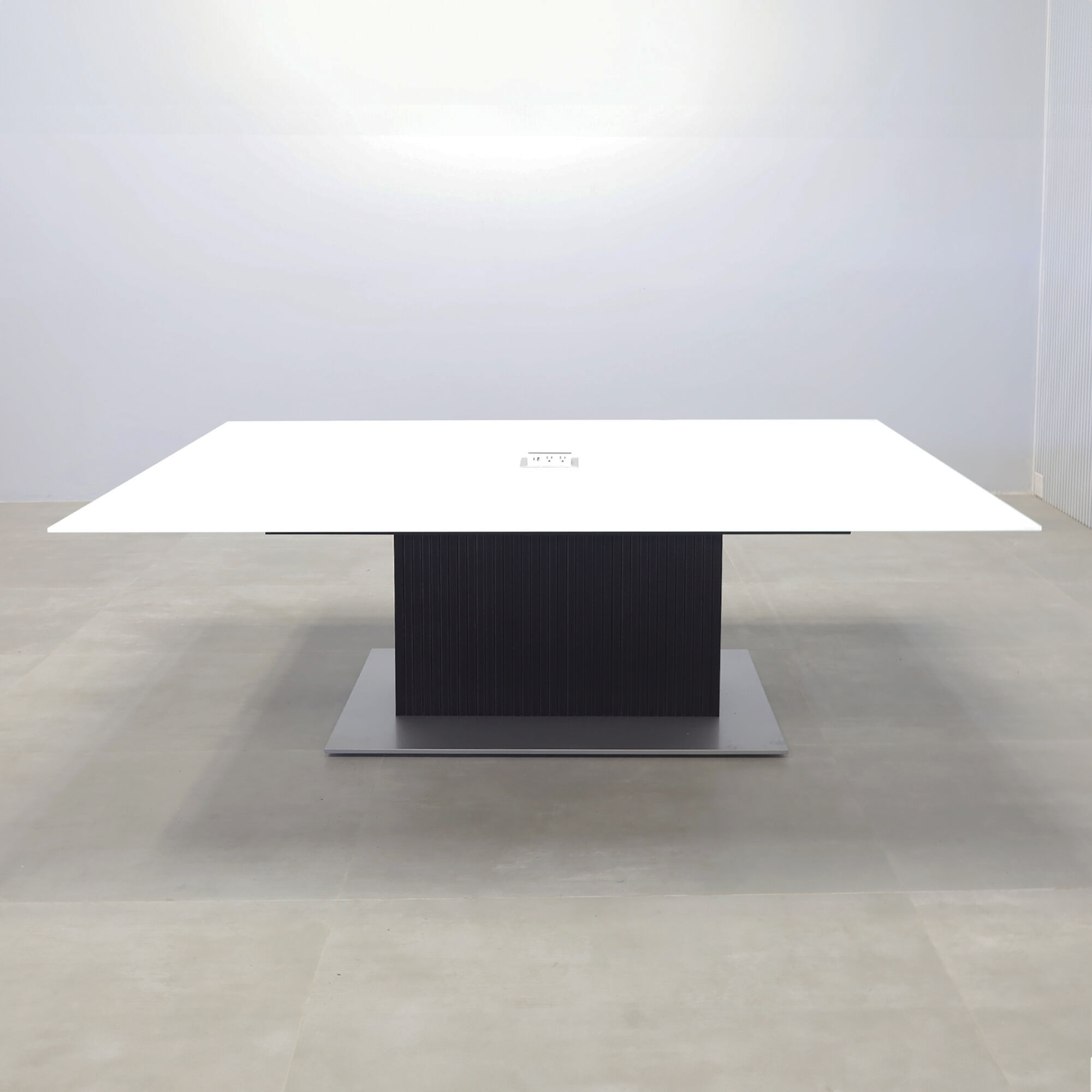90-inch 1/2 Omaha Rectangular Conference Table with white tempered glass top, black traceless tambour pedestal, silver metal powder coated base, Mx2 in silver power box.