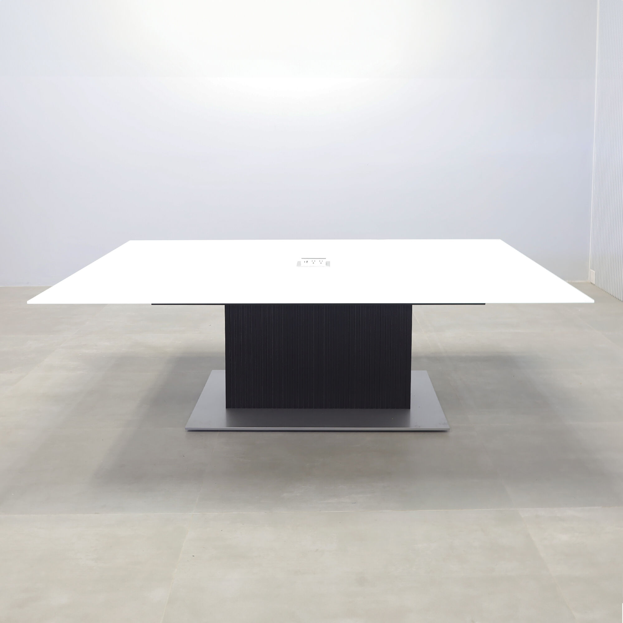 90-inch Omaha Rectangular Shape Conference Table, 1/2 white tempered glass top, black matte tambour pedestal, metal powder coated in silver base, and Mx2 in silver power box.