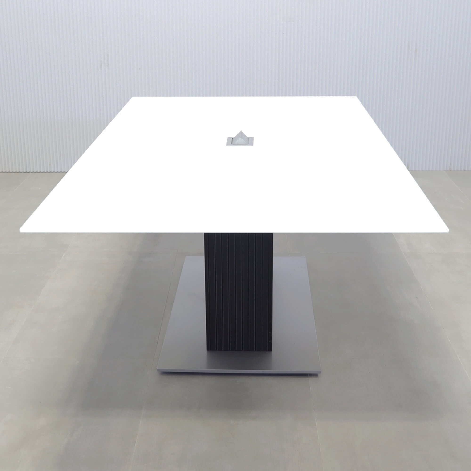 90-inch 1/2 Omaha Rectangular Conference Table with white tempered glass top, black traceless tambour pedestal, silver metal powder coated base, Mx2 in silver power box.