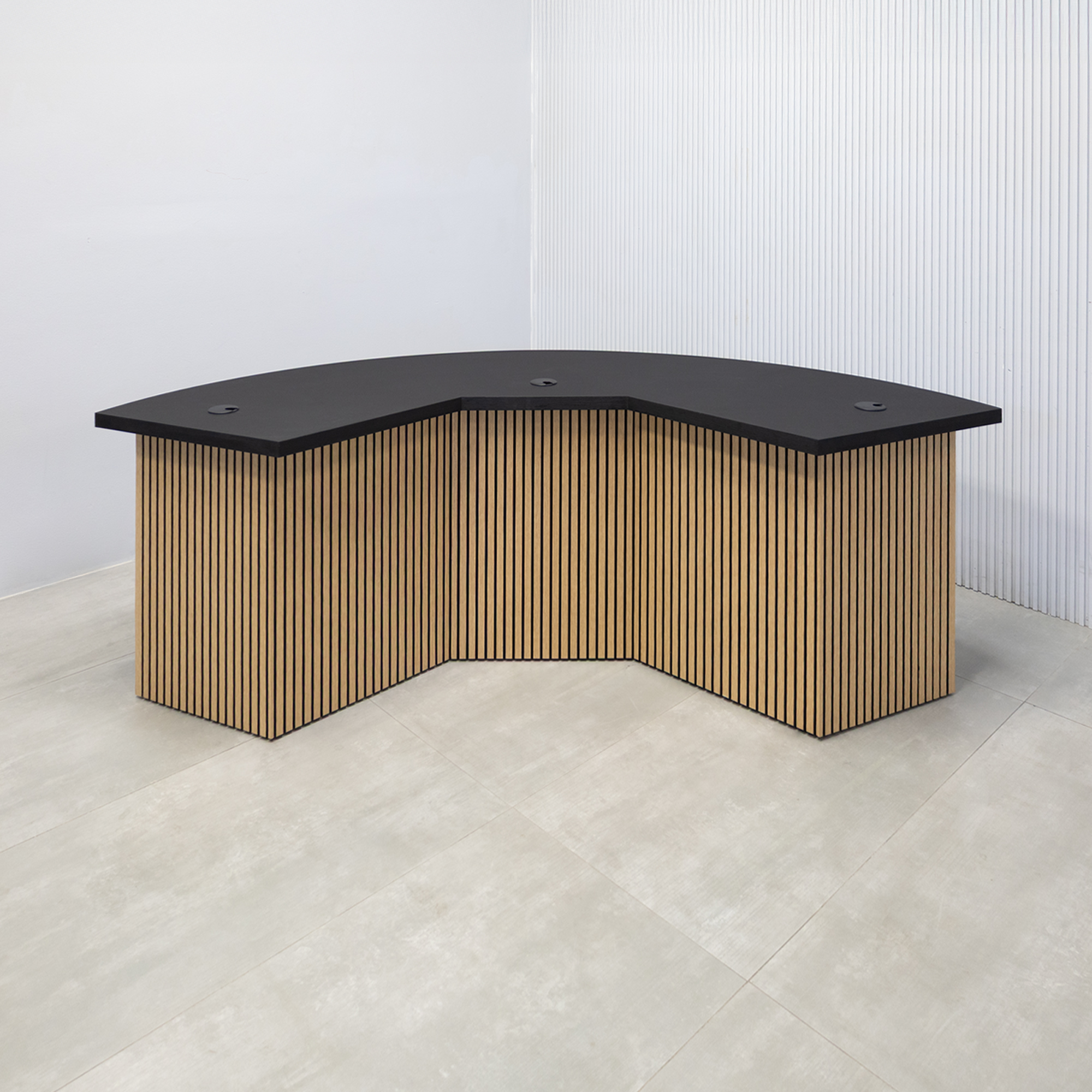 90-inch Tampa Bay Podcast Table with Black Cider matte laminate top, White Oak tambour & Black background front base, Black matte laminate back base. 