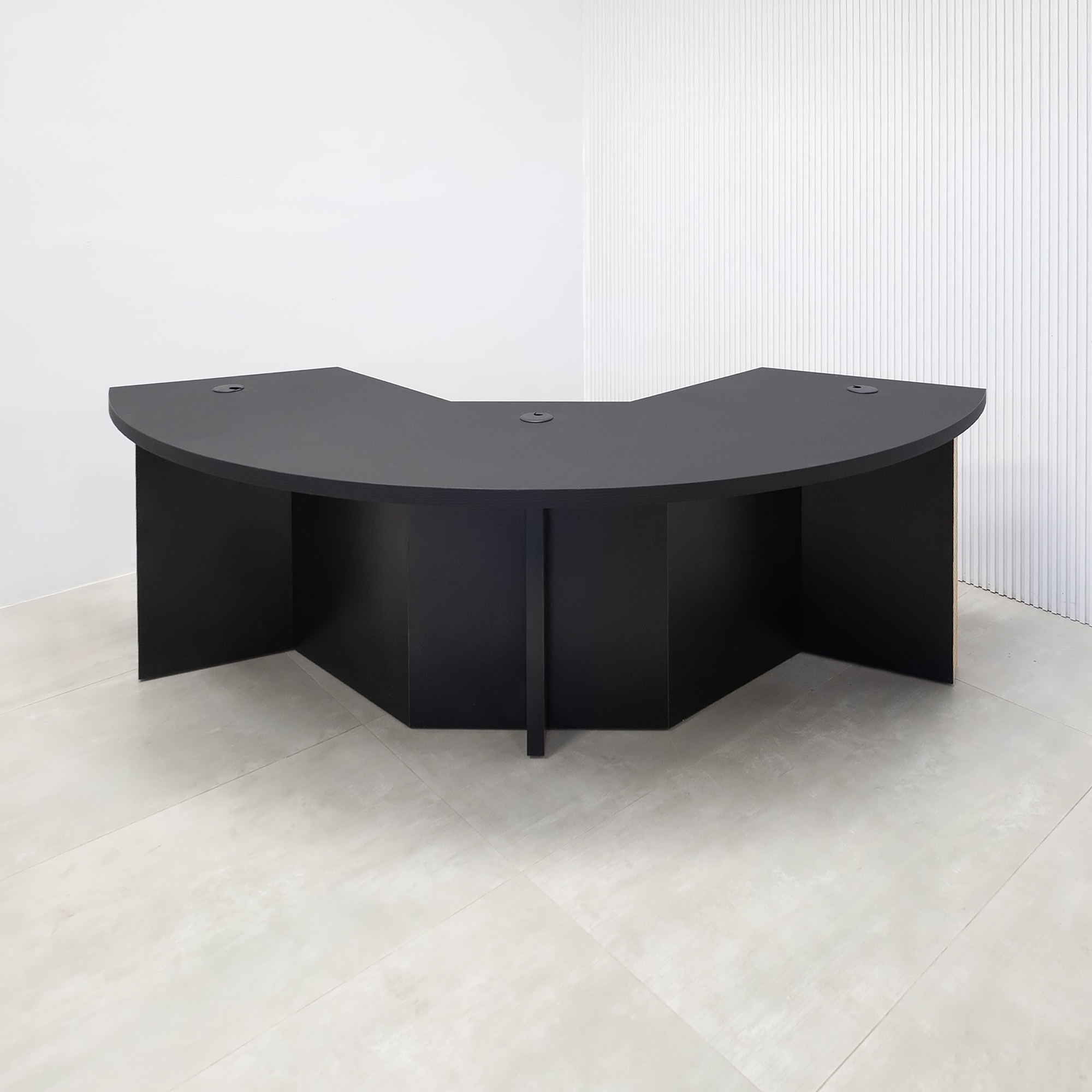 90-inch Tampa Bay Podcast Table with Black Cider matte laminate top, White Oak tambour & Black background front base, Black matte laminate back base. 