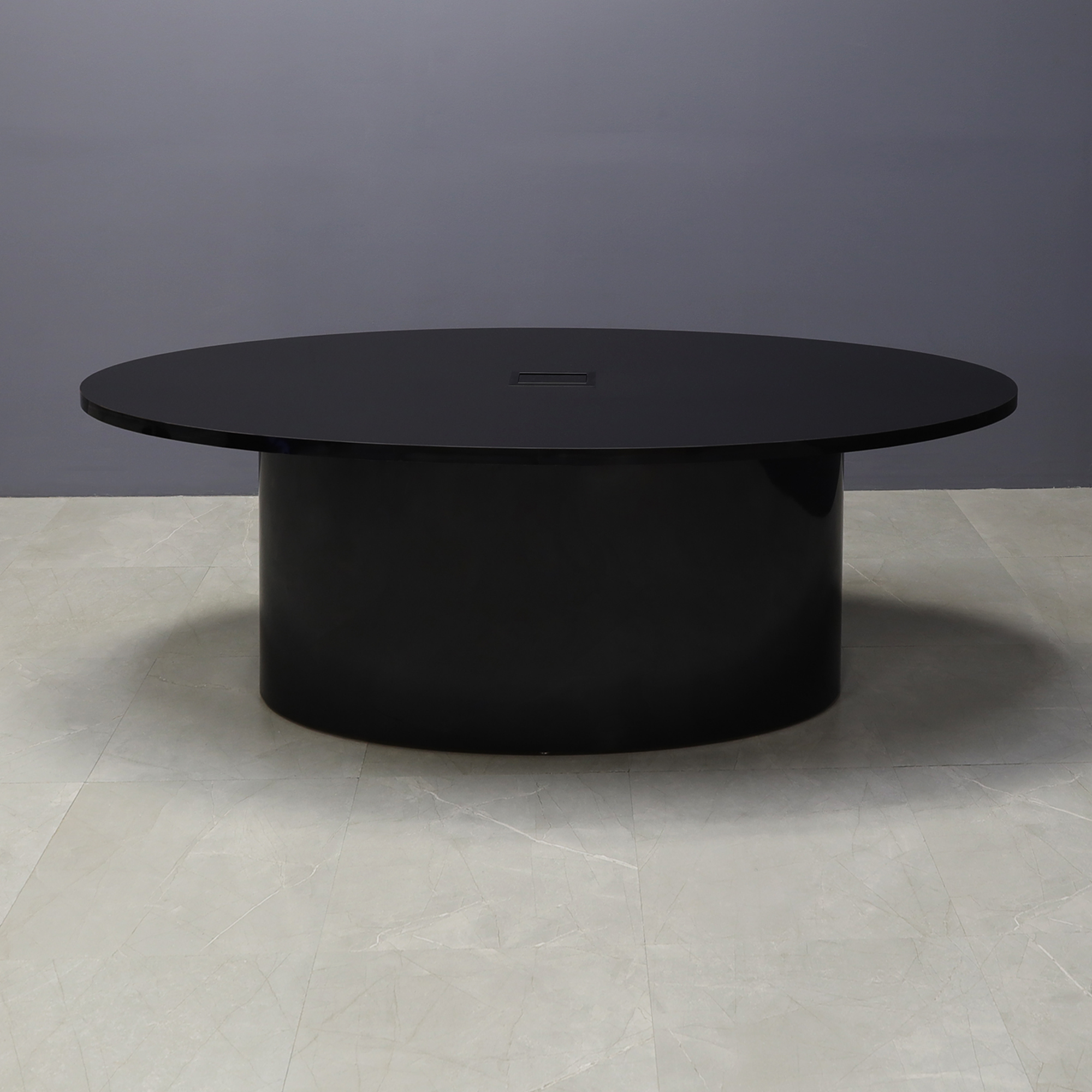 90-inch Newton Oval Conference Table With Laminate Top in black gloss laminate top and base, with black MX3 powerbox, shown here.