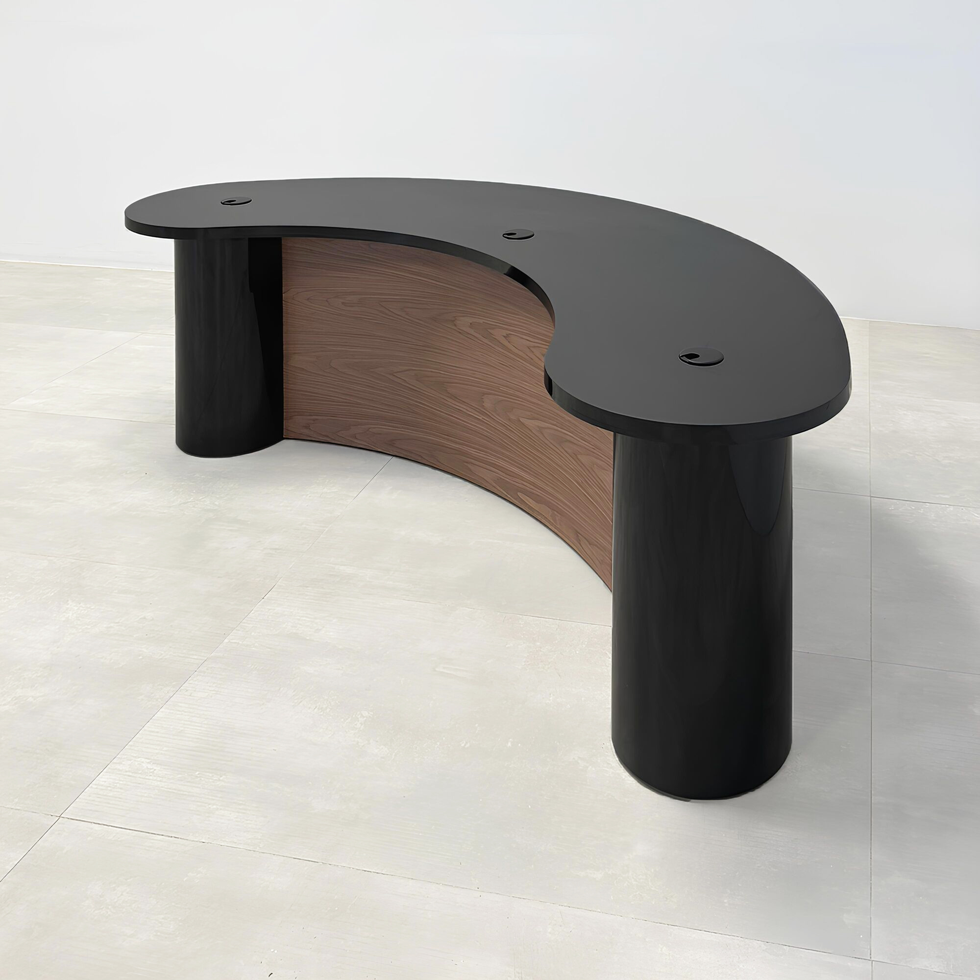 90-inch Rochester Custom Podcast Table with black gloss laminate top & columns, walnut wood veneer with clear coat gloss front base, black gloss laminate back base, and colored LED.