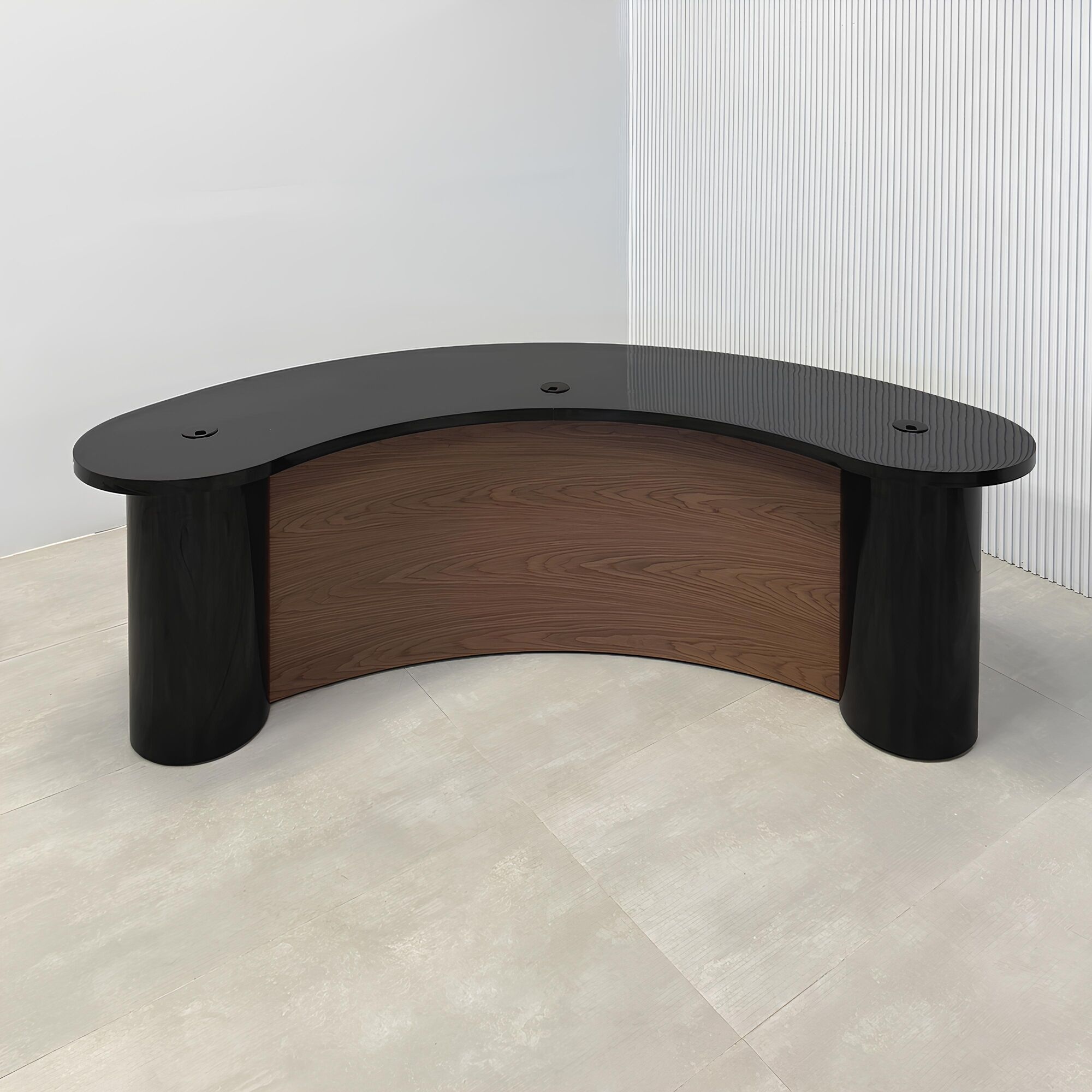 90-inch Rochester Custom Podcast Table with black gloss laminate top & columns, walnut wood veneer with clear coat gloss front base, black gloss laminate back base, and colored LED.