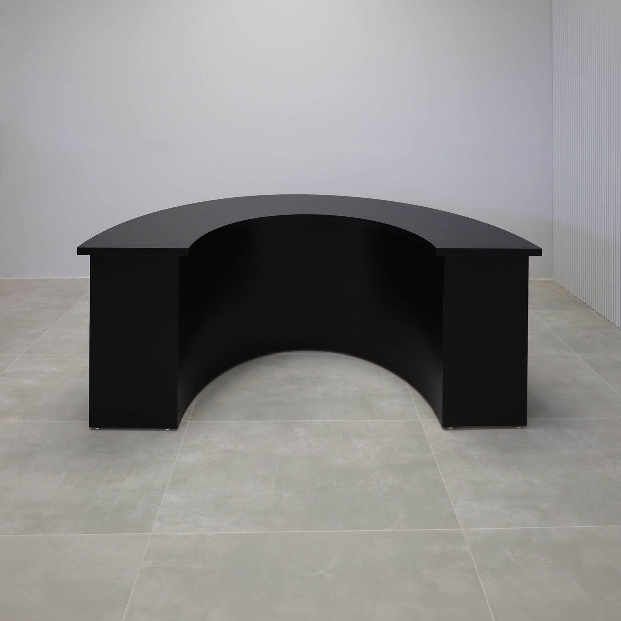 90-inch Modern Podcast Table Half Moon in black matte Laminate top and black matte Laminate front and base.