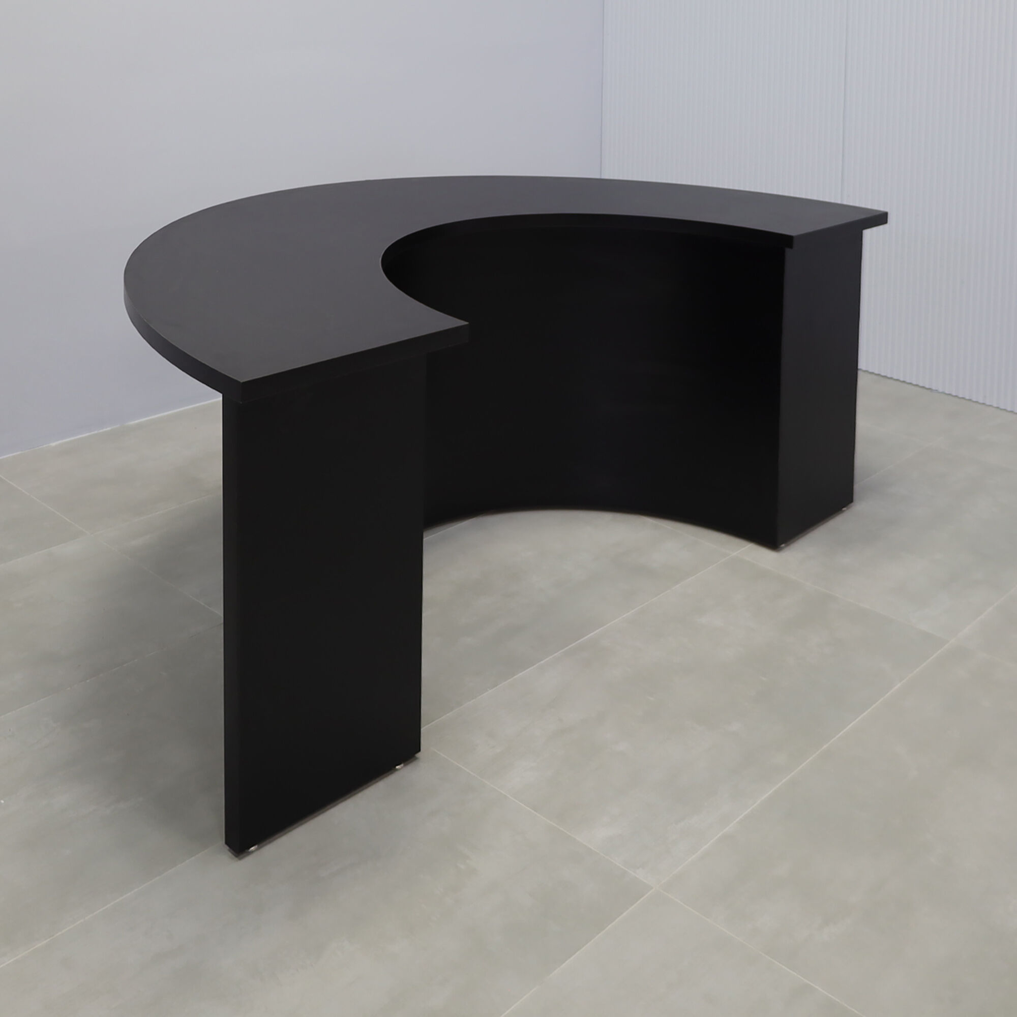 90-inch Modern Podcast Table Half Moon in black matte Laminate top and black matte Laminate front and base.