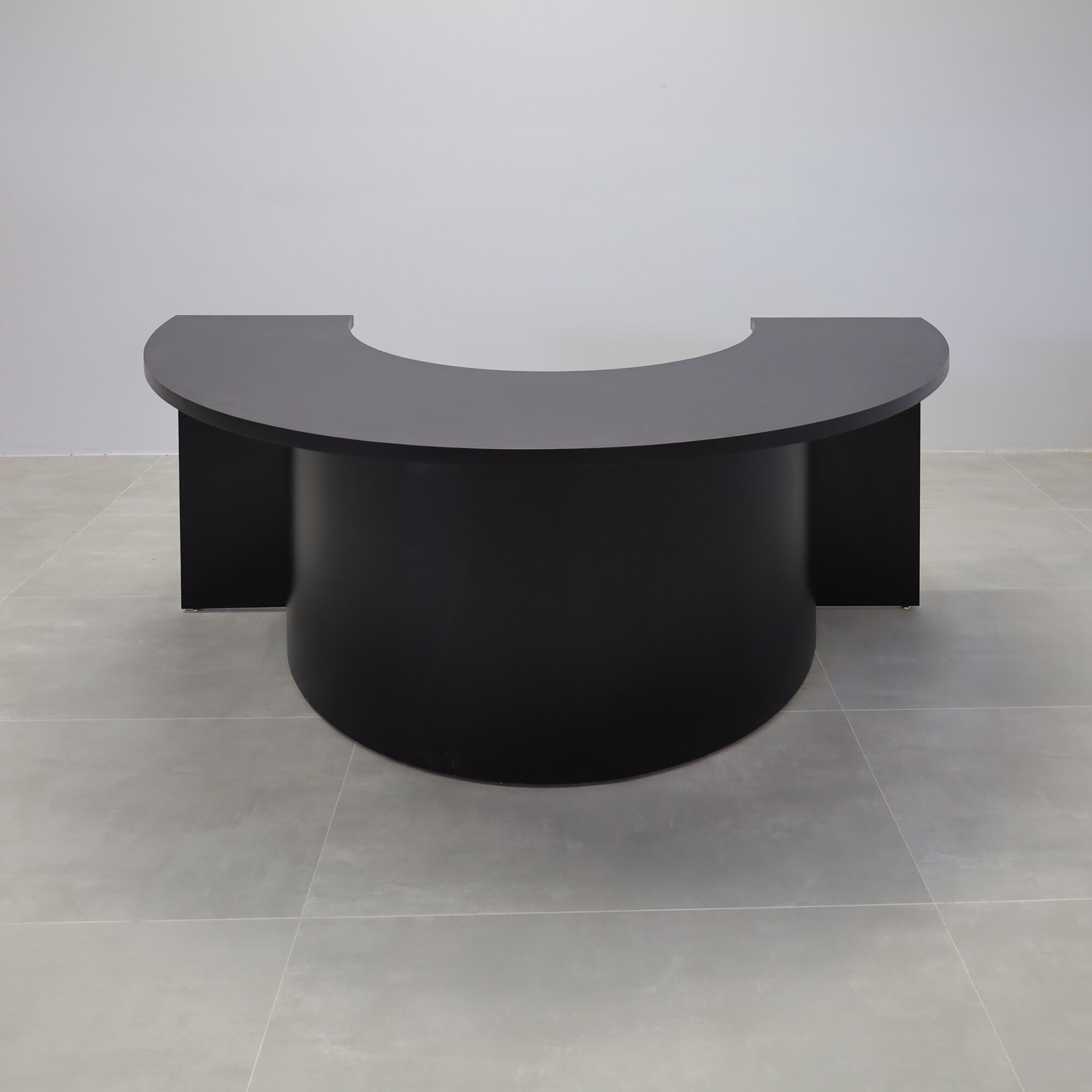 90-inch Modern Podcast Table Half Moon in black matte Laminate top and black matte Laminate front and base.