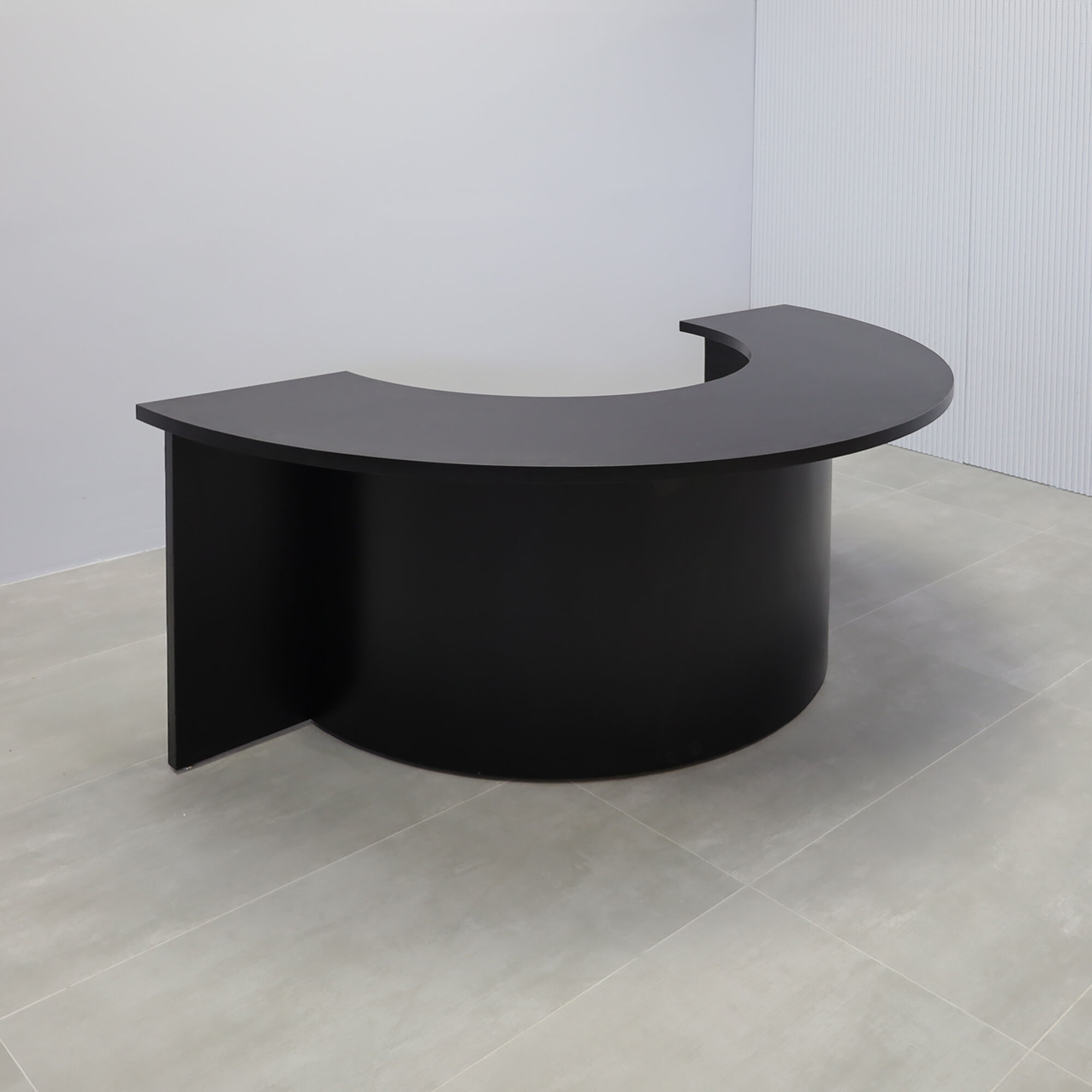 90-inch Modern Podcast Table Half Moon in black matte Laminate top and black matte Laminate front and base.