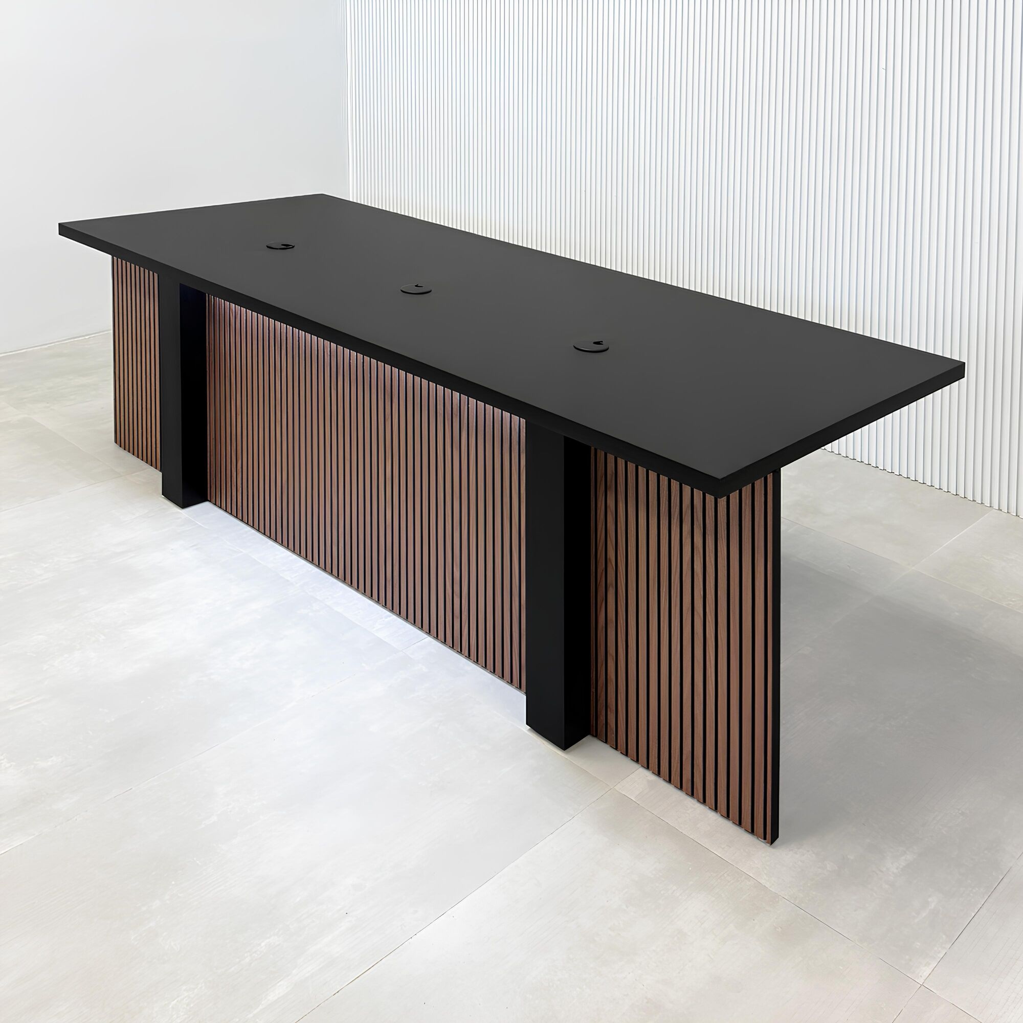 90-inch Savannah Handmade Podcast Table with black matte laminate top, walnut tambour with black background front, black matte laminate base back, white LED.