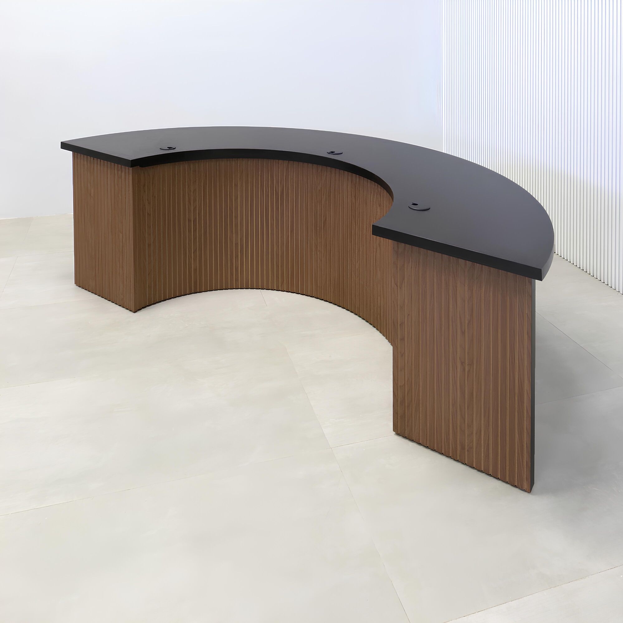 90-inch Handmade Podcast Table with black matte laminate top, walnut tambour & natural background front base, and black matte laminate back base.