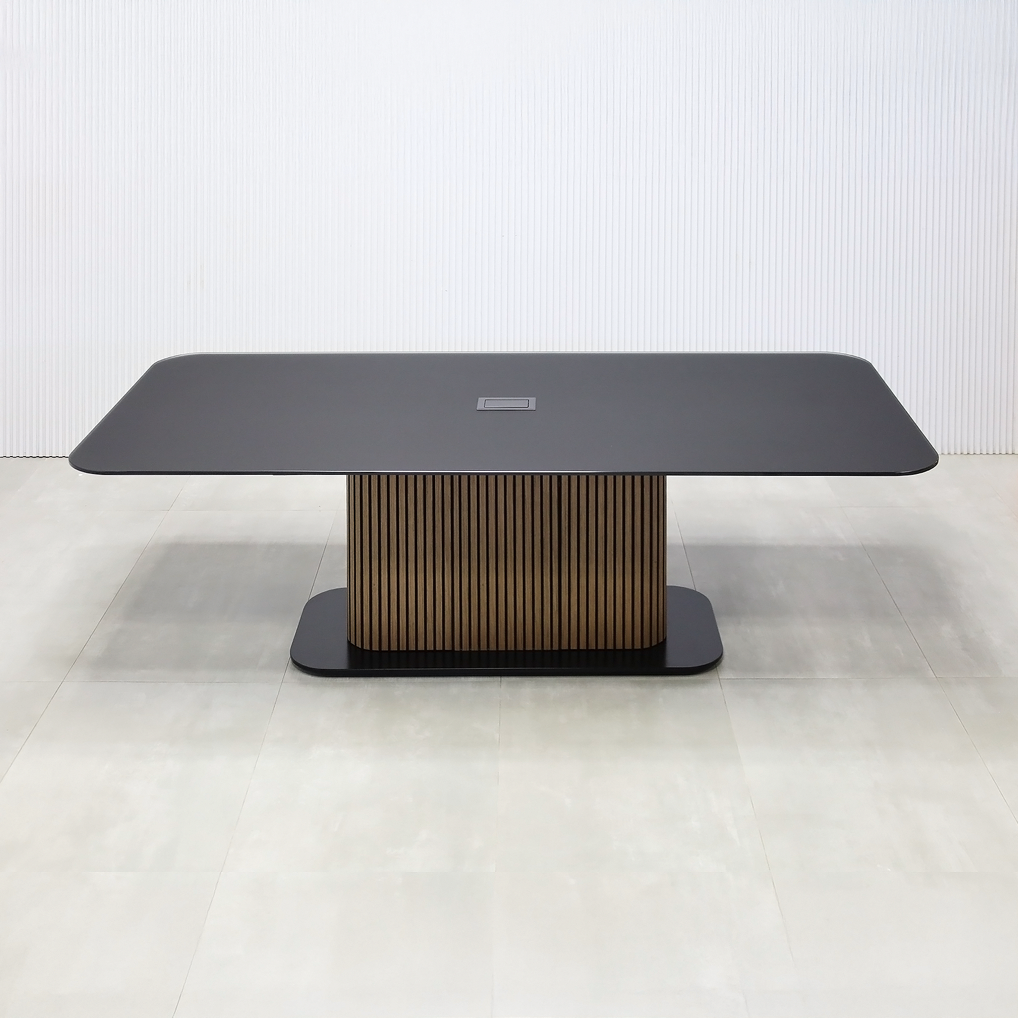 90-inch Omaha Racetrack Conference Table with X3 Base with Black Satin tempered glass top, Spiced Walnut & Black background tambour pedestal, Black powder coated base, and Mx2 power box.