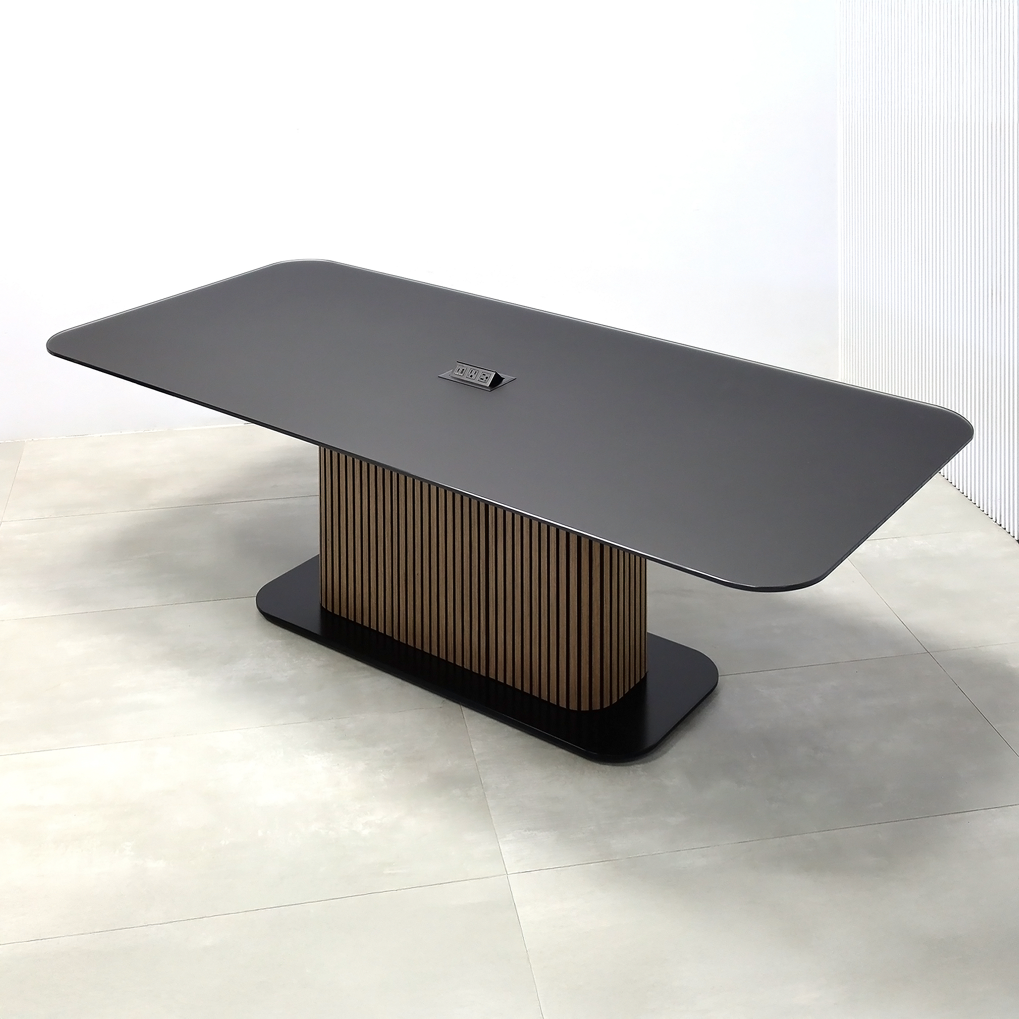 90-inch Omaha Racetrack Conference Table with X3 Base with Black Satin tempered glass top, Spiced Walnut & Black background tambour pedestal, Black powder coated base, and Mx2 power box.