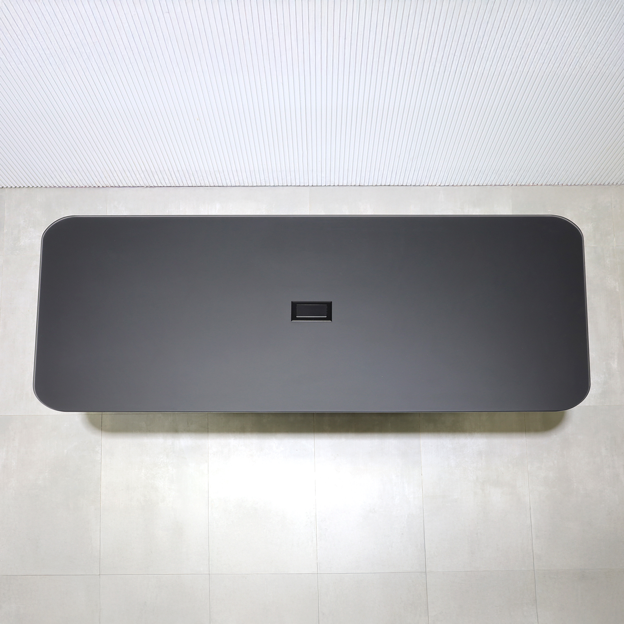 90-inch Omaha Racetrack Conference Table with X3 Base with Black Satin tempered glass top, Spiced Walnut & Black background tambour pedestal, Black powder coated base, and Mx2 power box.