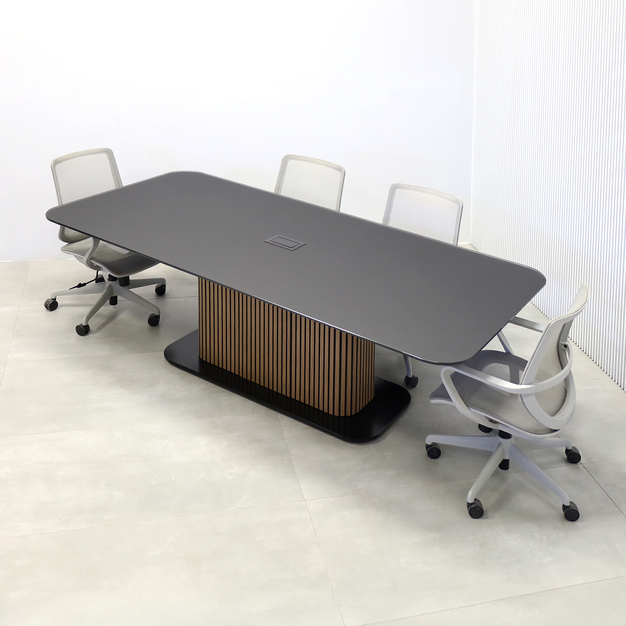 90-inch Omaha Racetrack Conference Table with X3 Base with Black Satin tempered glass top, Spiced Walnut & Black background tambour pedestal, Black powder coated base, and Mx2 power box.