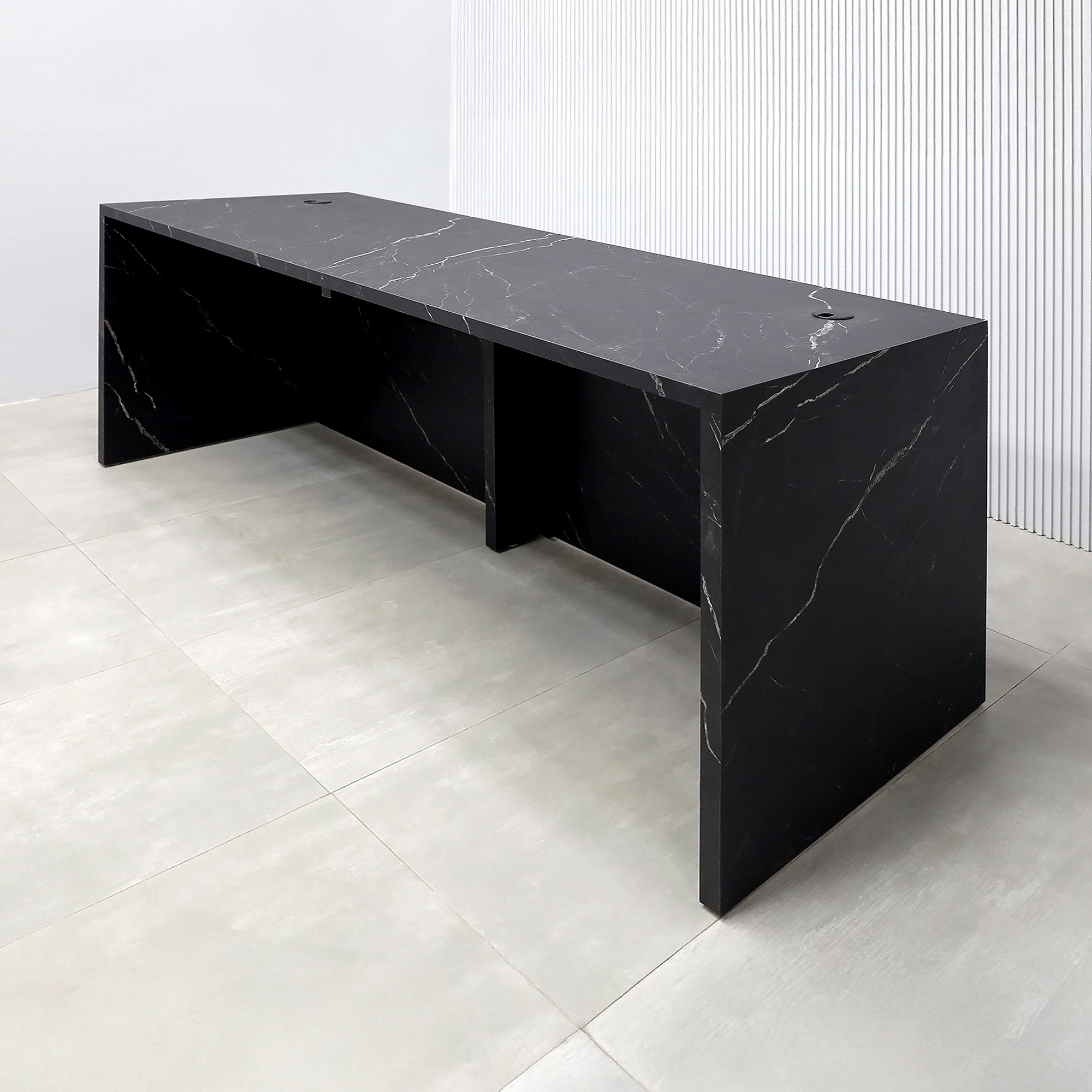 90-inch New York Retail Custom Reception Desk with Black Stone Palazzo laminate desk, Black Stone Palazzo laminate front panel, White Gloss laminate accent recessed panel, and Colored LED. 