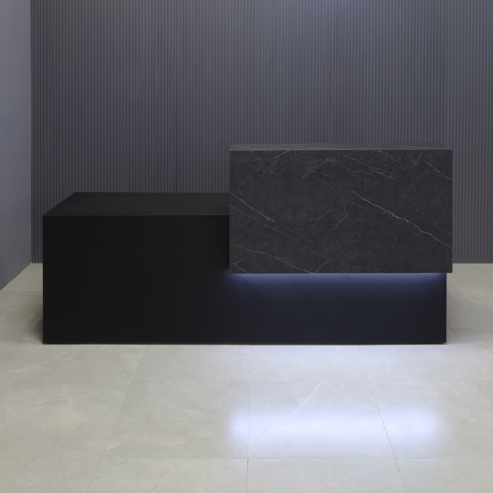 90-inch Los Angeles ADA Compliant Custom Reception Desk, right side when facing front in black stone PVC counter and black traceless laminate desk, with warm white LED, shown here.