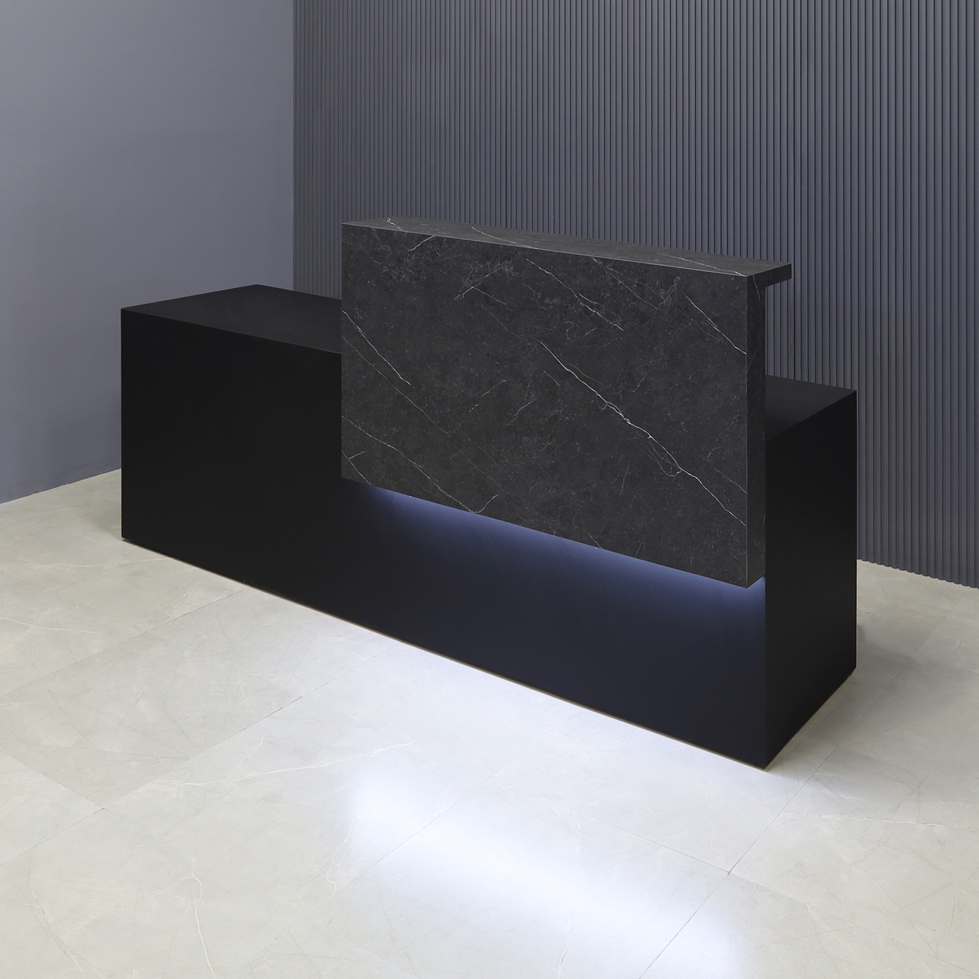 90-inch Los Angeles ADA Compliant Custom Reception Desk, right side when facing front in black stone PVC counter and black traceless laminate desk, with warm white LED, shown here.