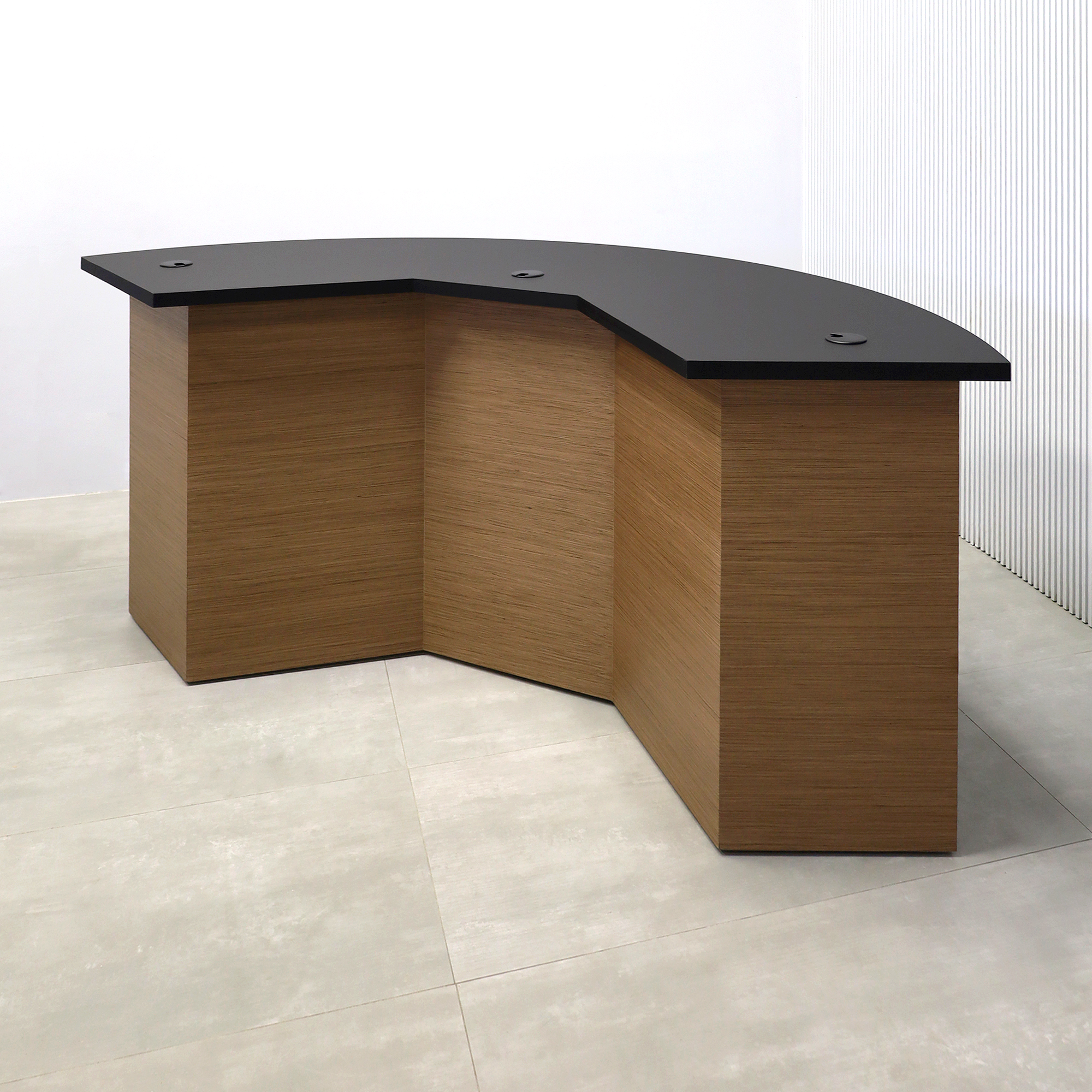 90-inch Tampa Bay Podcast Table with a Black, Traceless laminate top and a Spiced Walnut wood veneer base.