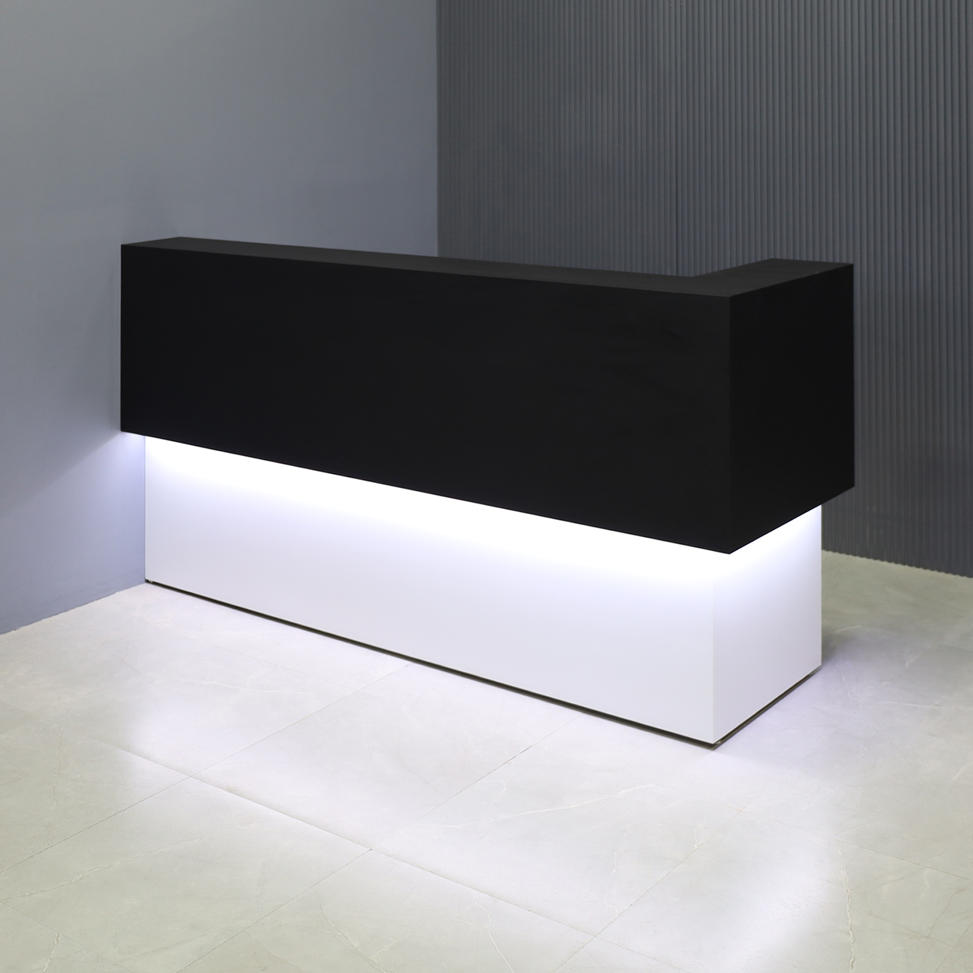 90-inch San Francisco L-Shape Reception Desk, right l-panel side when facing front in black matte laminate counter and white matte laminate desk, with white LED, shown here.