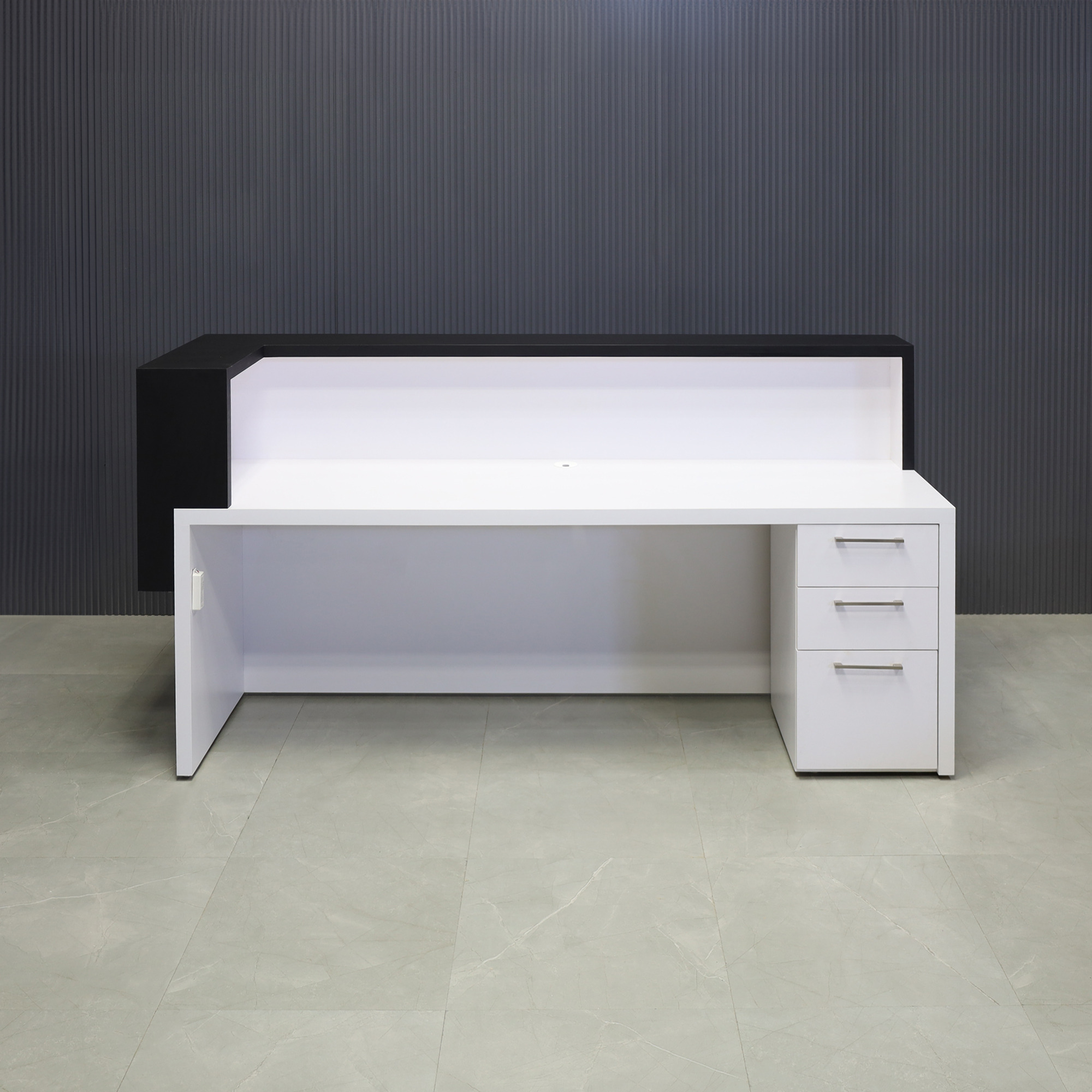 90-inch San Francisco L-Shape Reception Desk, right l-panel side when facing front in black matte laminate counter and white matte laminate desk, with white LED, and buil-in storage on right side when sitting, shown here.