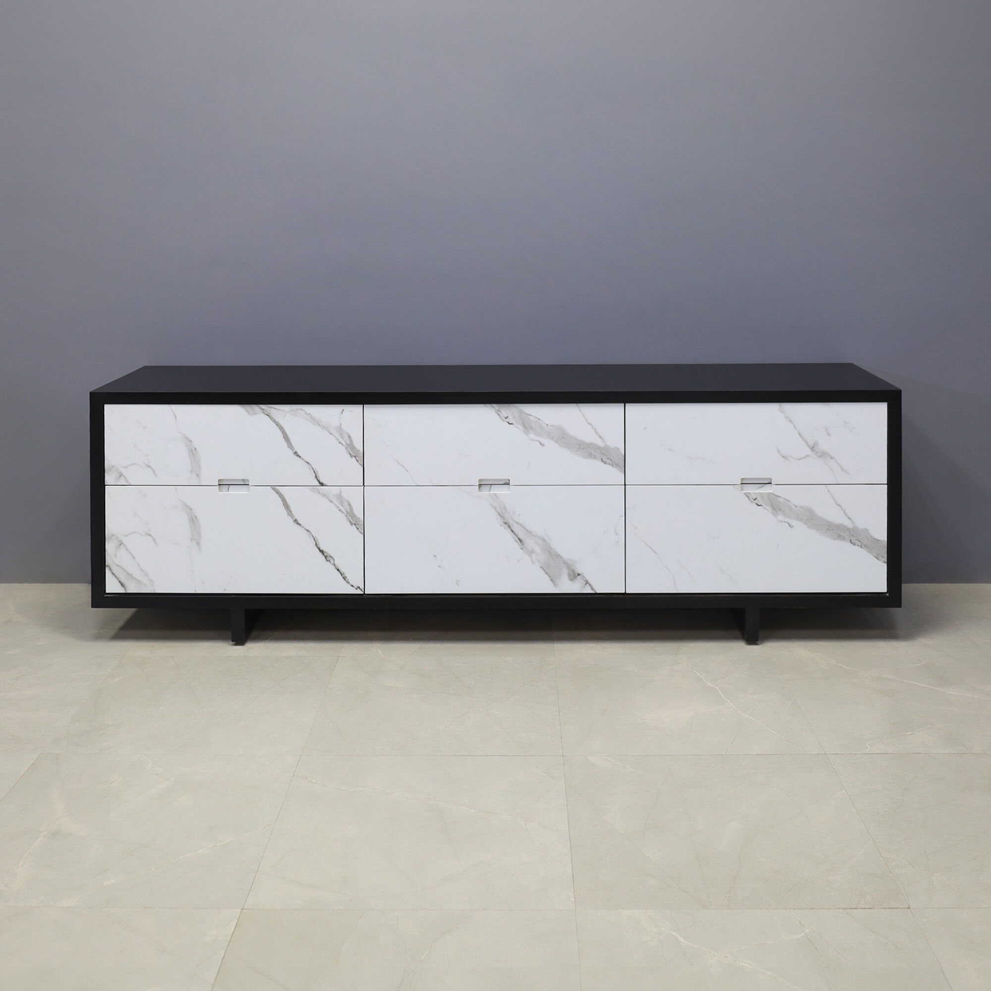 90-inch Seattle Storage Credenza in black traceless laminate credenza, and calcutta stone PVC laminate front drawers.