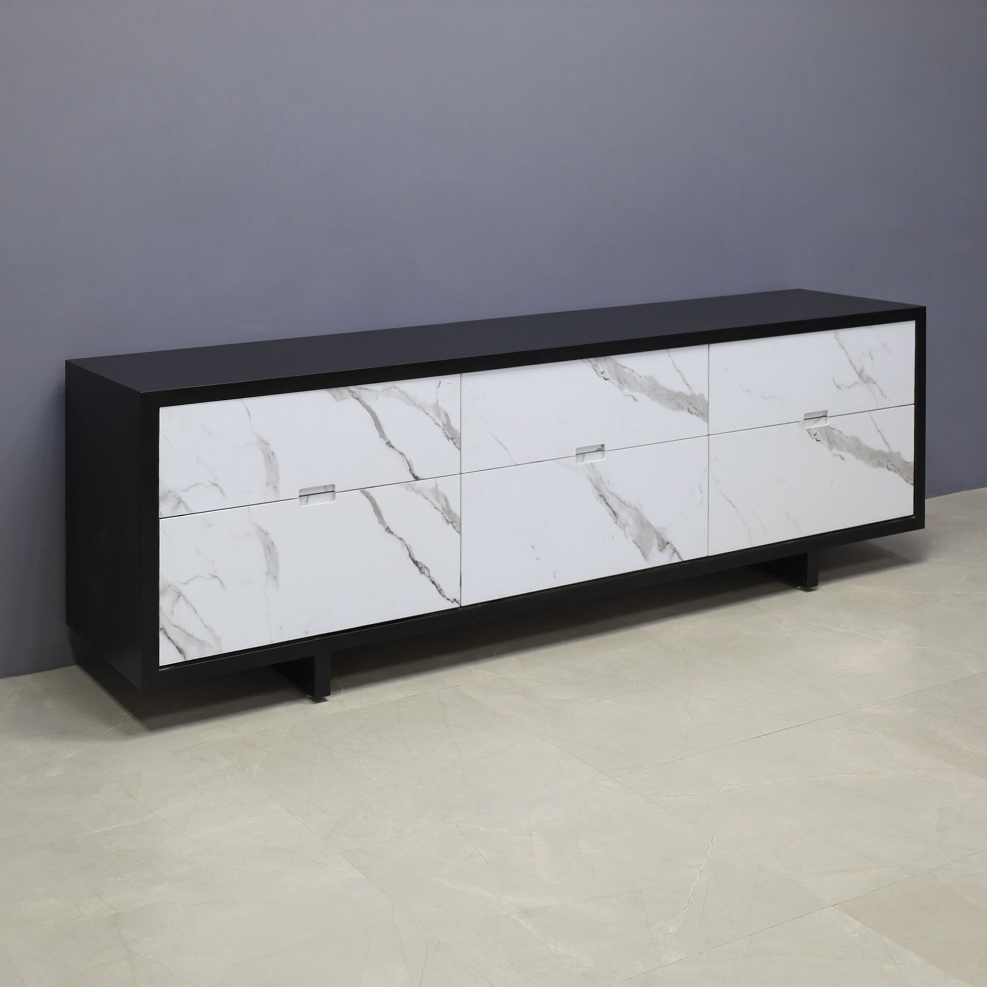 90-inch Seattle Storage Credenza in black traceless laminate credenza, and calcutta stone PVC laminate front drawers.