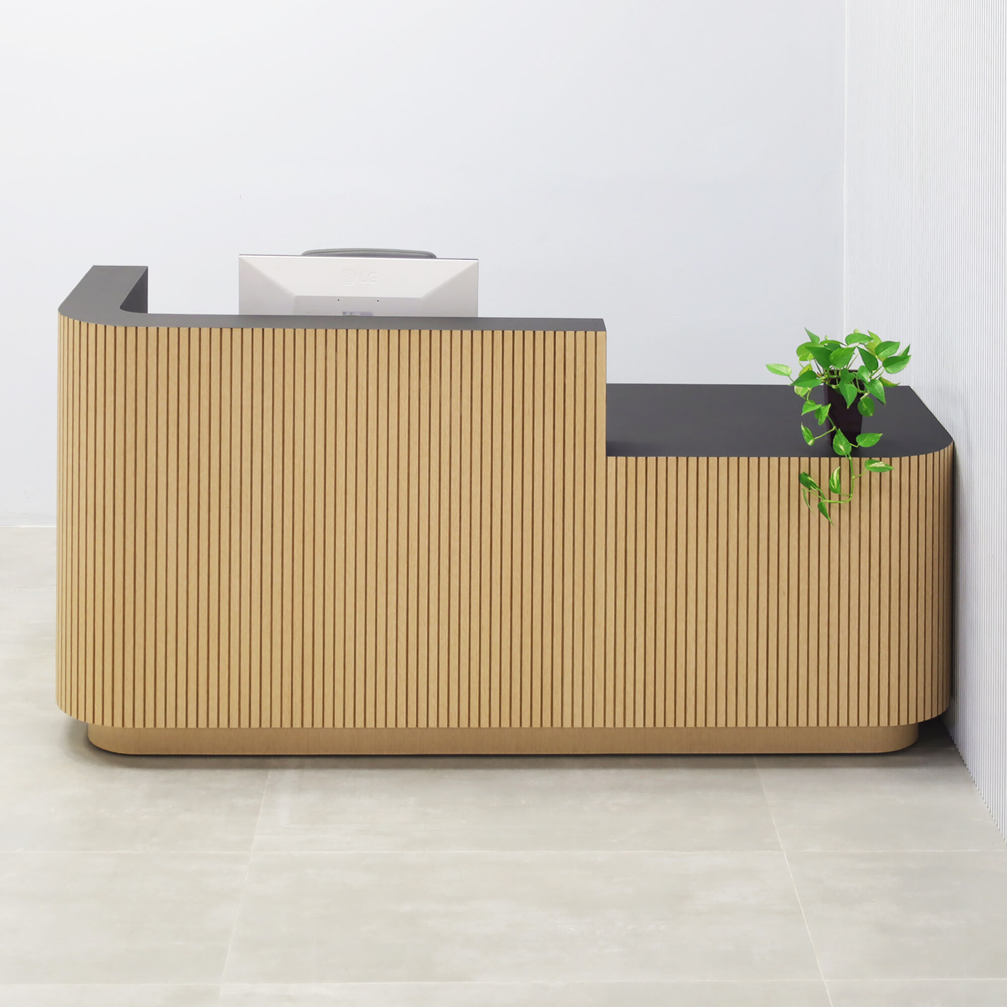 90-inch Nola Straight ADA Reception Desk with black traceless laminate desk workspace white oak tambour front toe-kick.