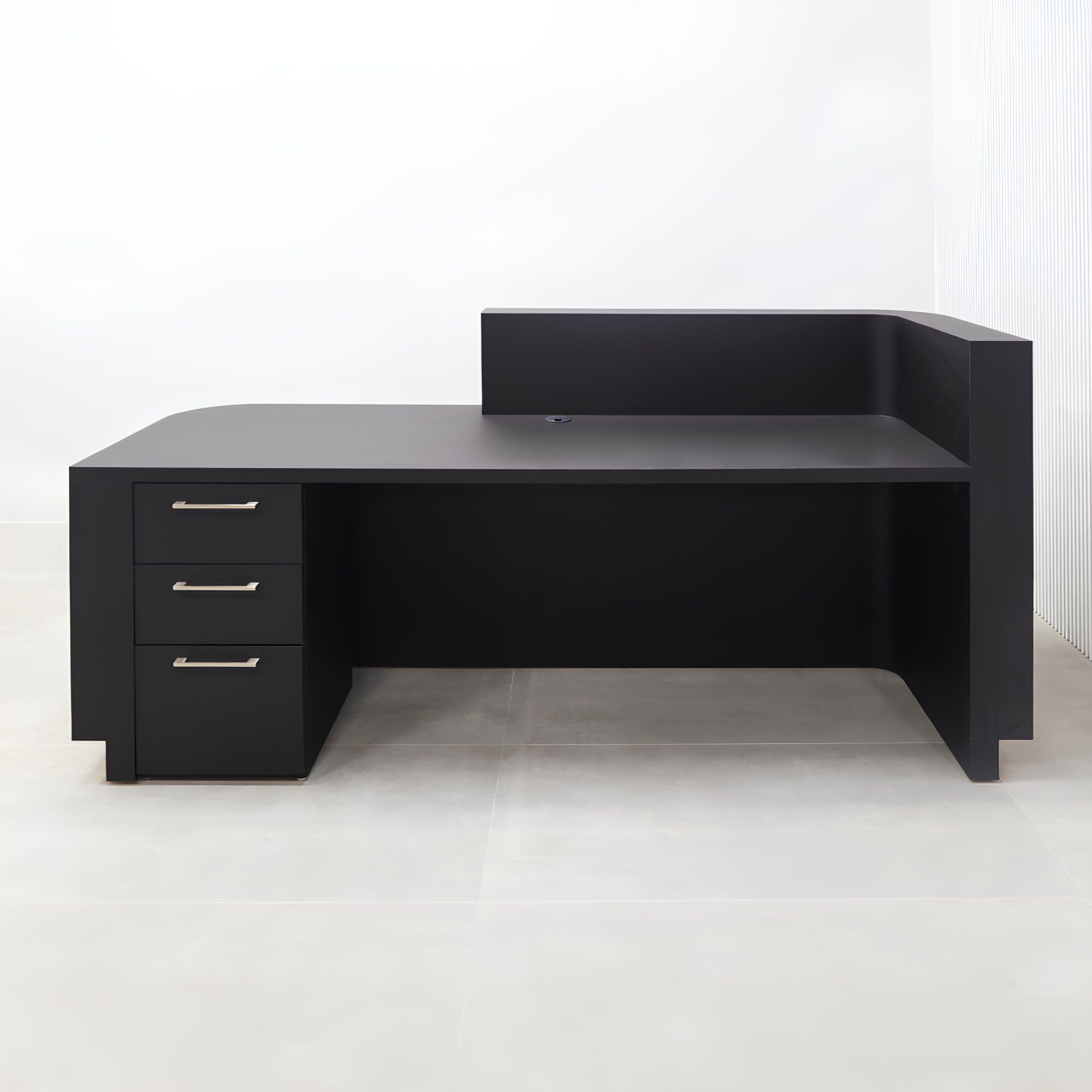 90-inch Nola Straight ADA Reception Desk with black traceless laminate desk workspace white oak tambour front toe-kick.