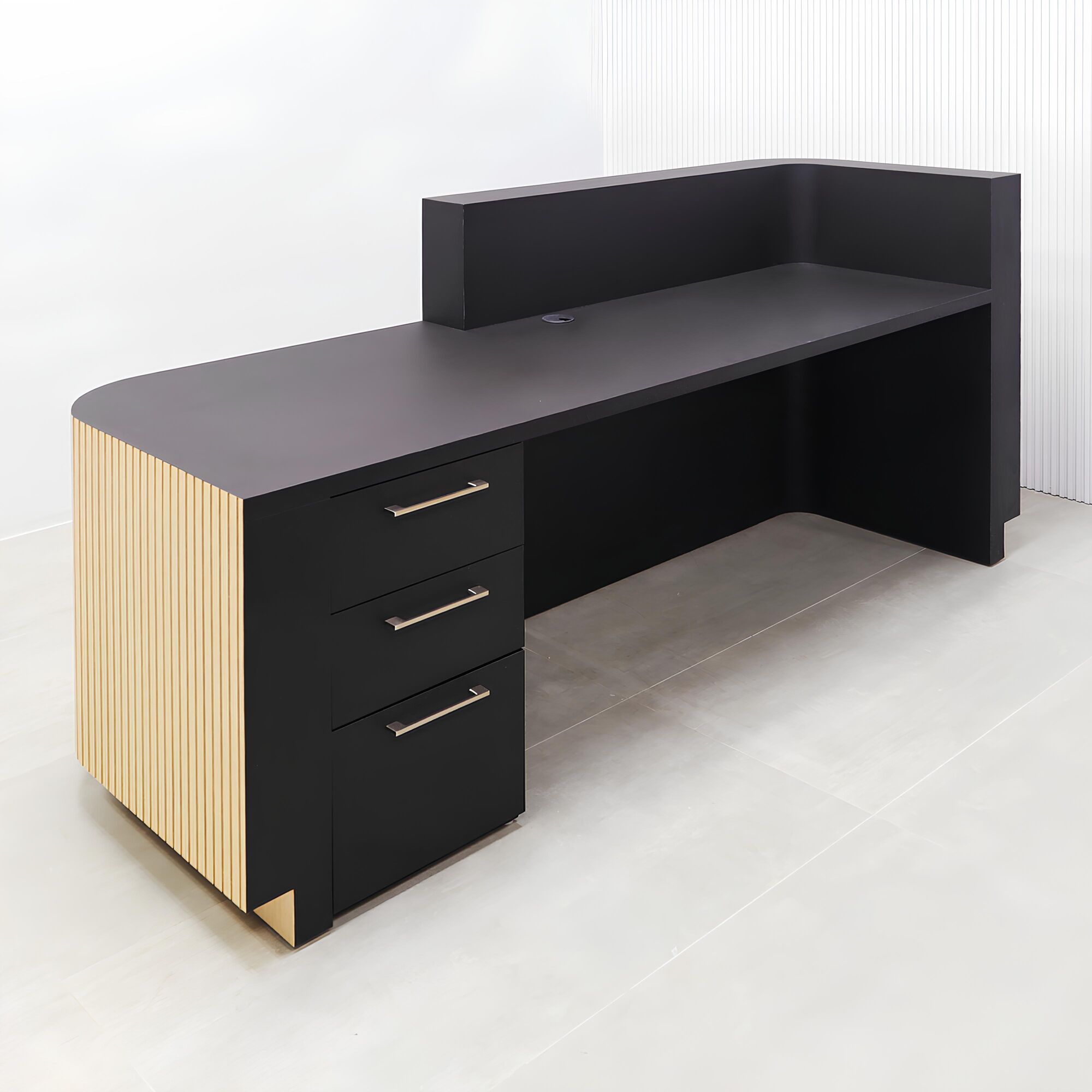 90-inch Nola Low Counter Reception Desk with black traceless laminate desk workspace white oak tambour front toe-kick.