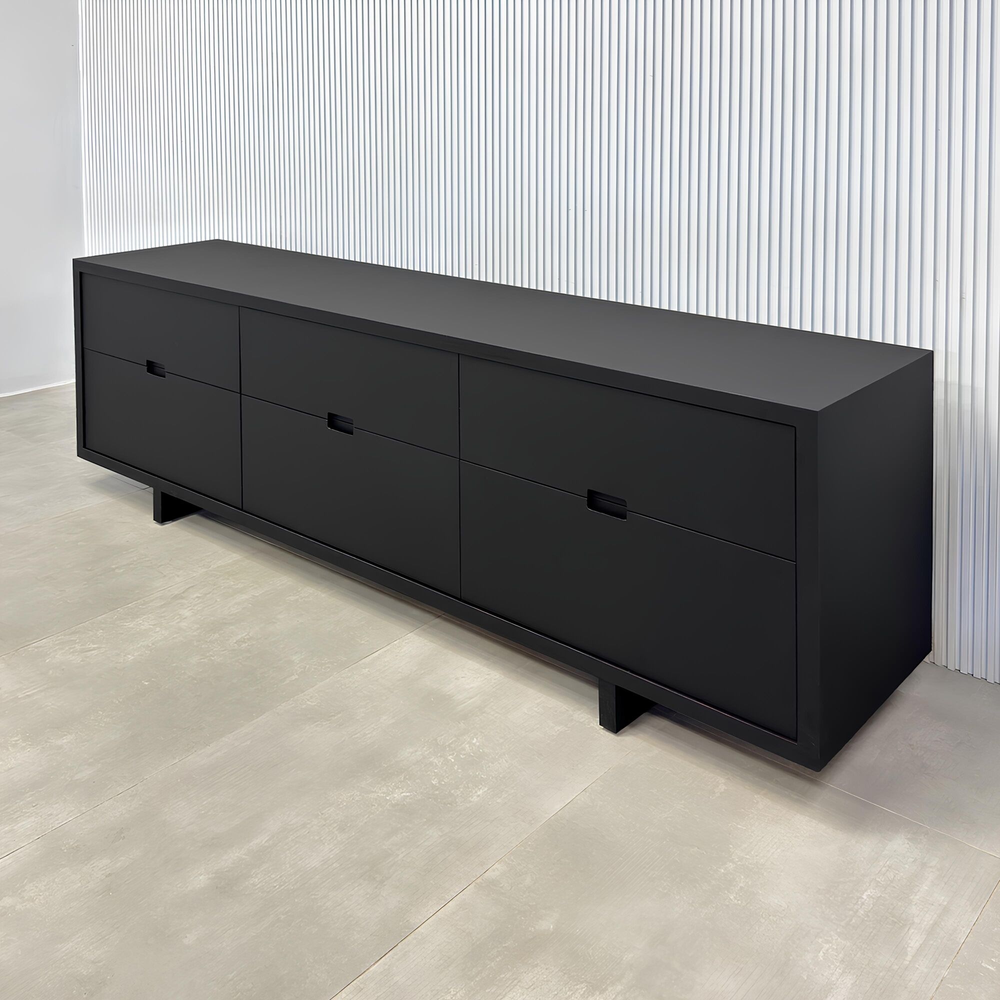 90-inch Seattle Storage Credenza with Black Traceless laminate main body, and Black Traceless laminate doors.