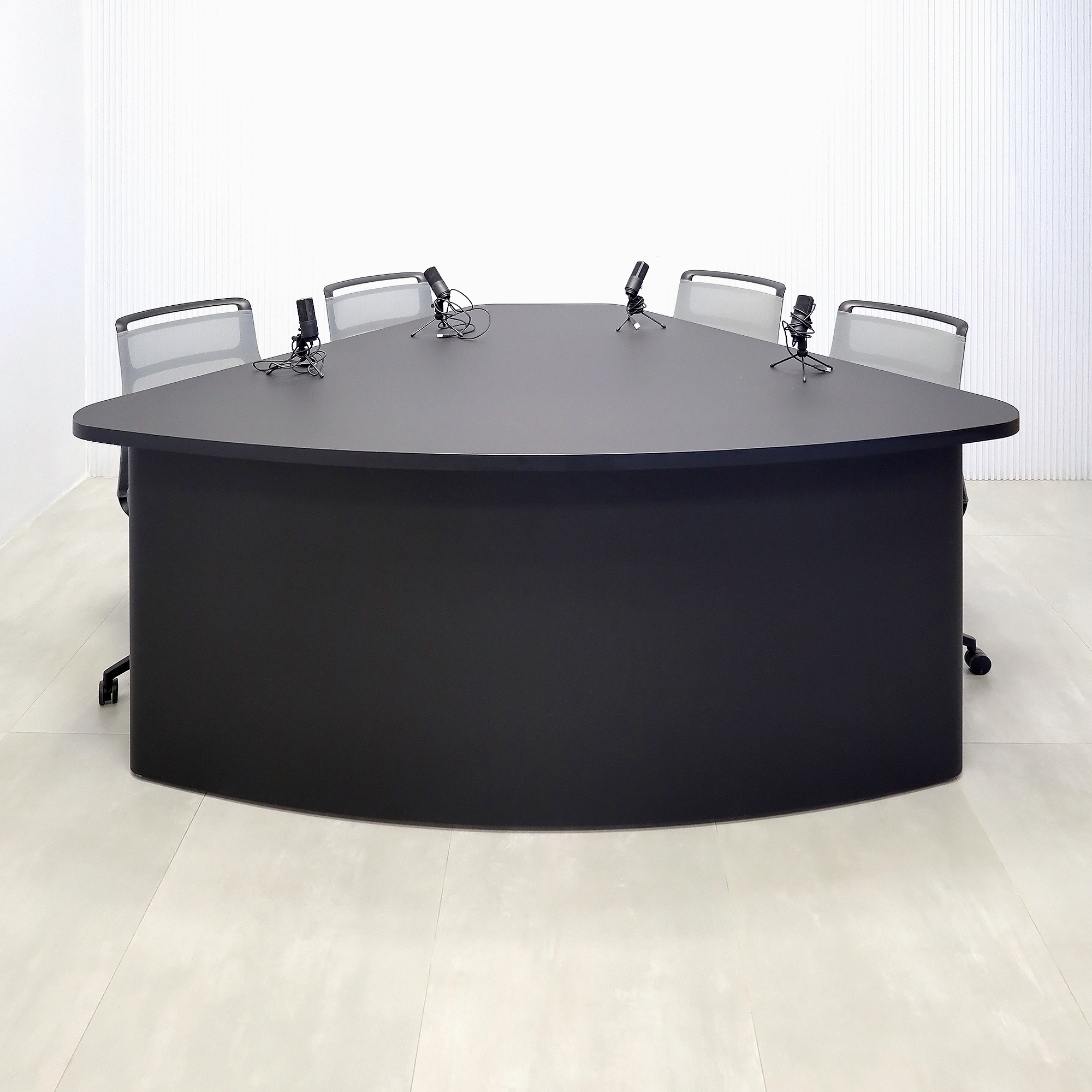 90-inch Madison Custom Podcast Table with Black Traceless laminate top, black traceless laminate base, and Colored LED.